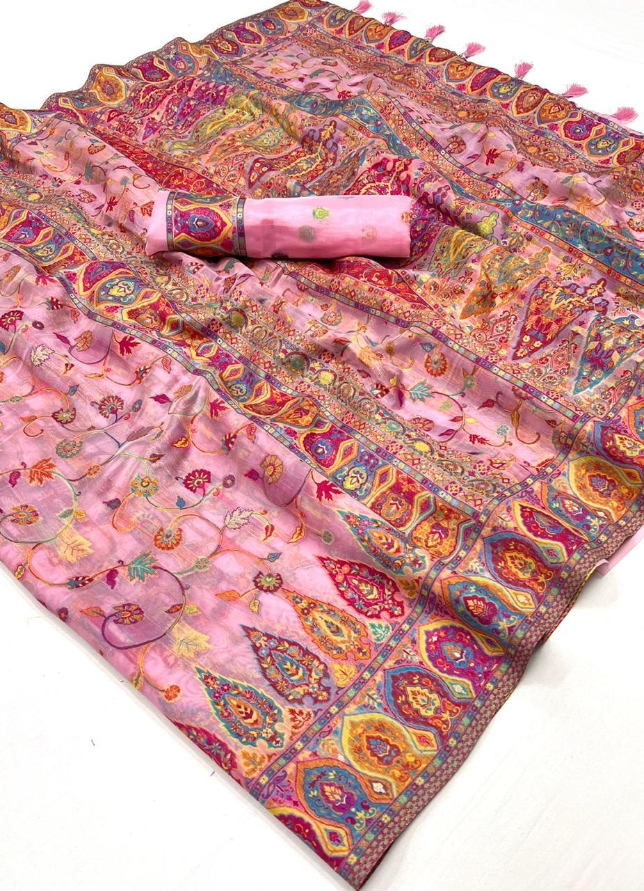 Beautiful Designer Soft Organza Kashmiri Handloom Weaving Saree