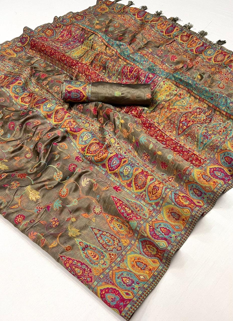 Beautiful Designer Soft Organza Kashmiri Handloom Weaving Saree