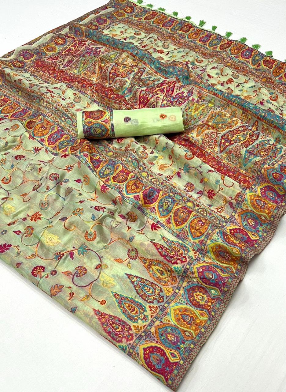 Beautiful Designer Soft Organza Kashmiri Handloom Weaving Saree