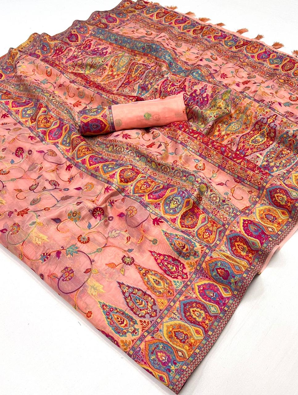 Beautiful Designer Soft Organza Kashmiri Handloom Weaving Saree