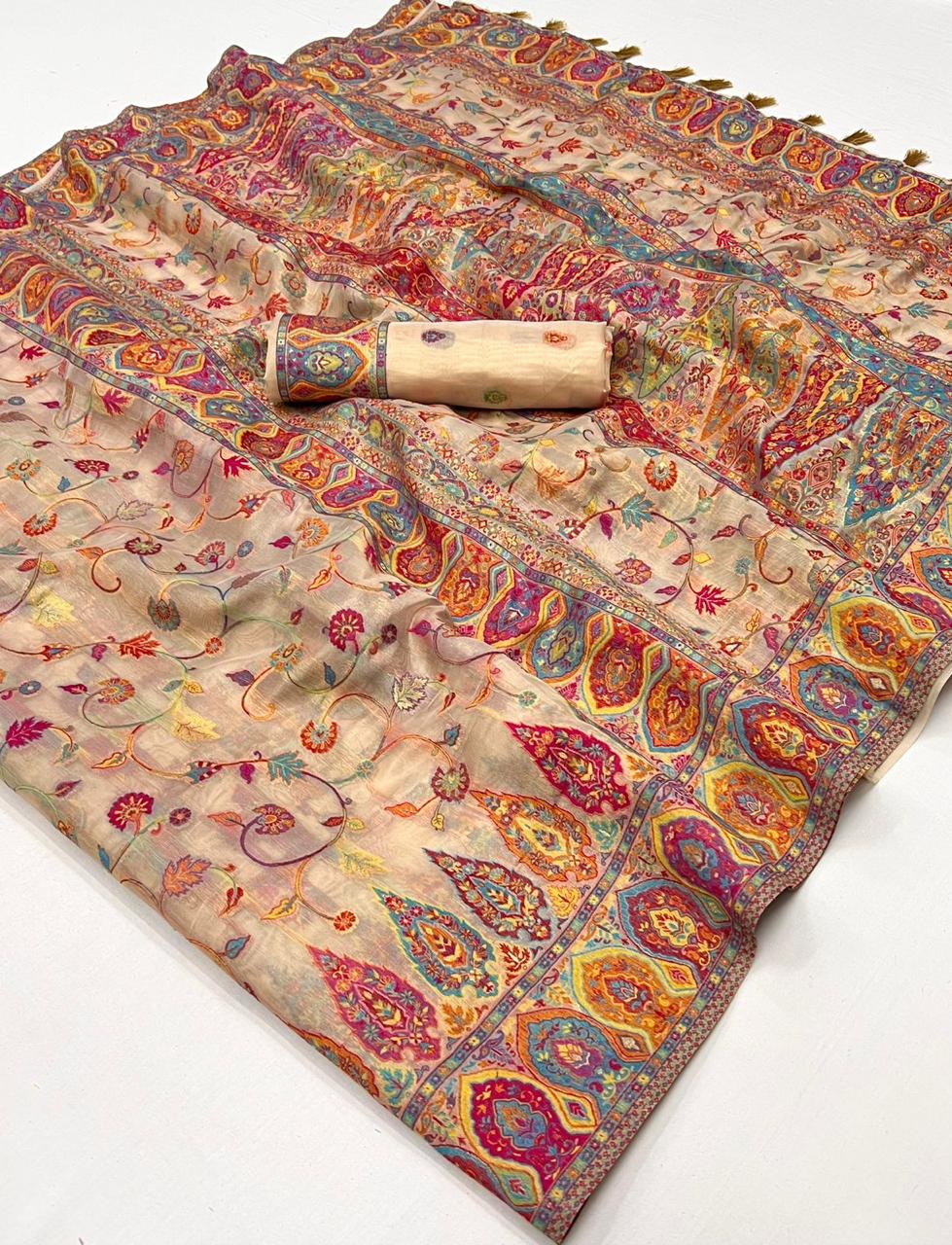 Beautiful Designer Soft Organza Kashmiri Handloom Weaving Saree