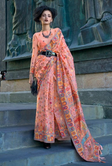 Beautiful Designer Soft Organza Kashmiri Handloom Weaving Saree