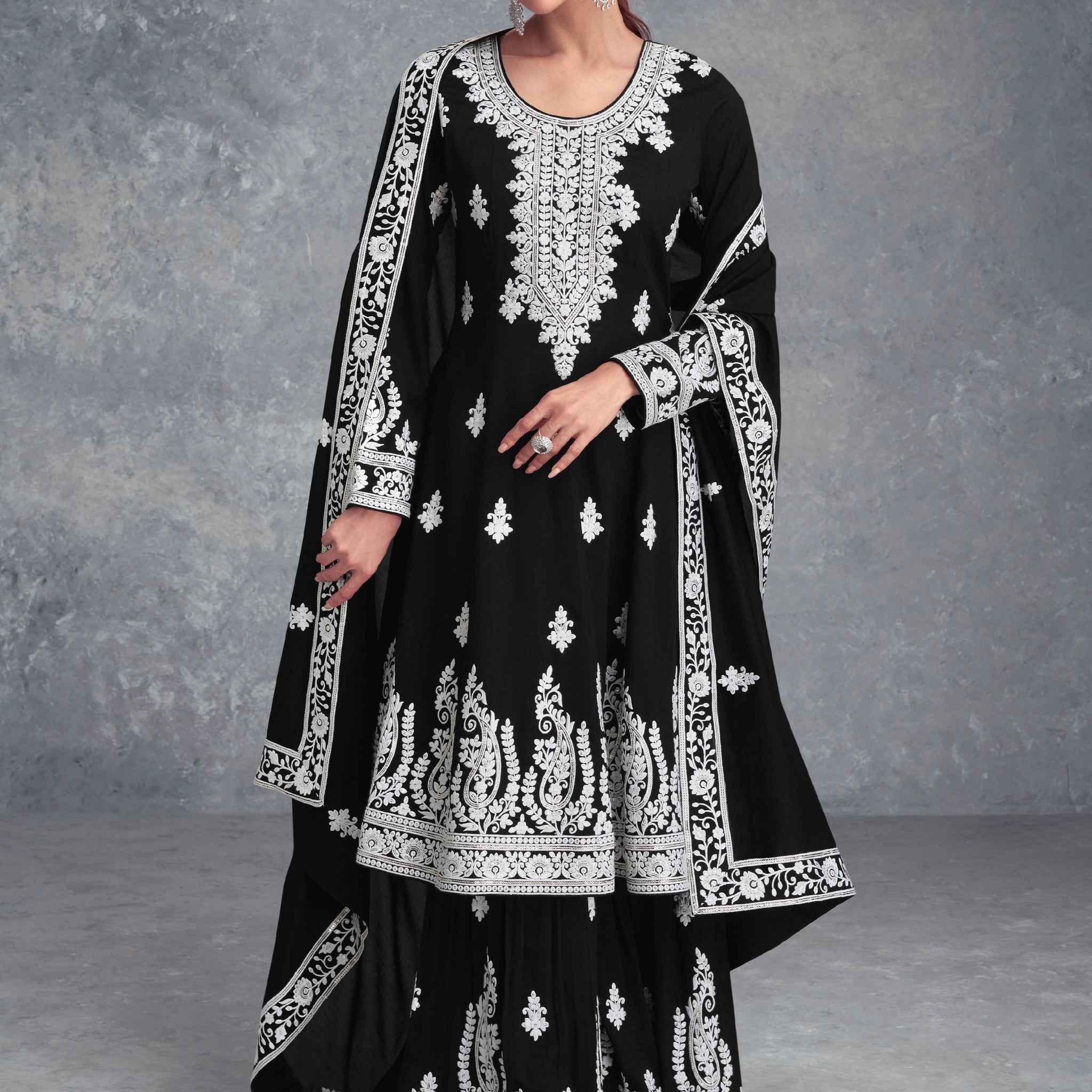 Black Real Chinon Palazzo Suit with Dupatta