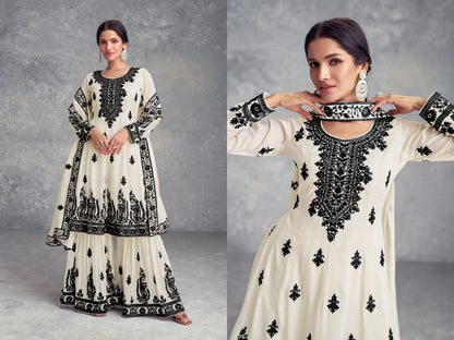 White Real Chinon Palazzo Suit with Dupatta