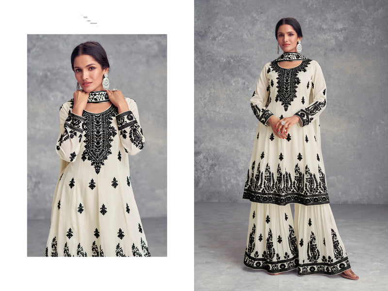 White Real Chinon Palazzo Suit with Dupatta