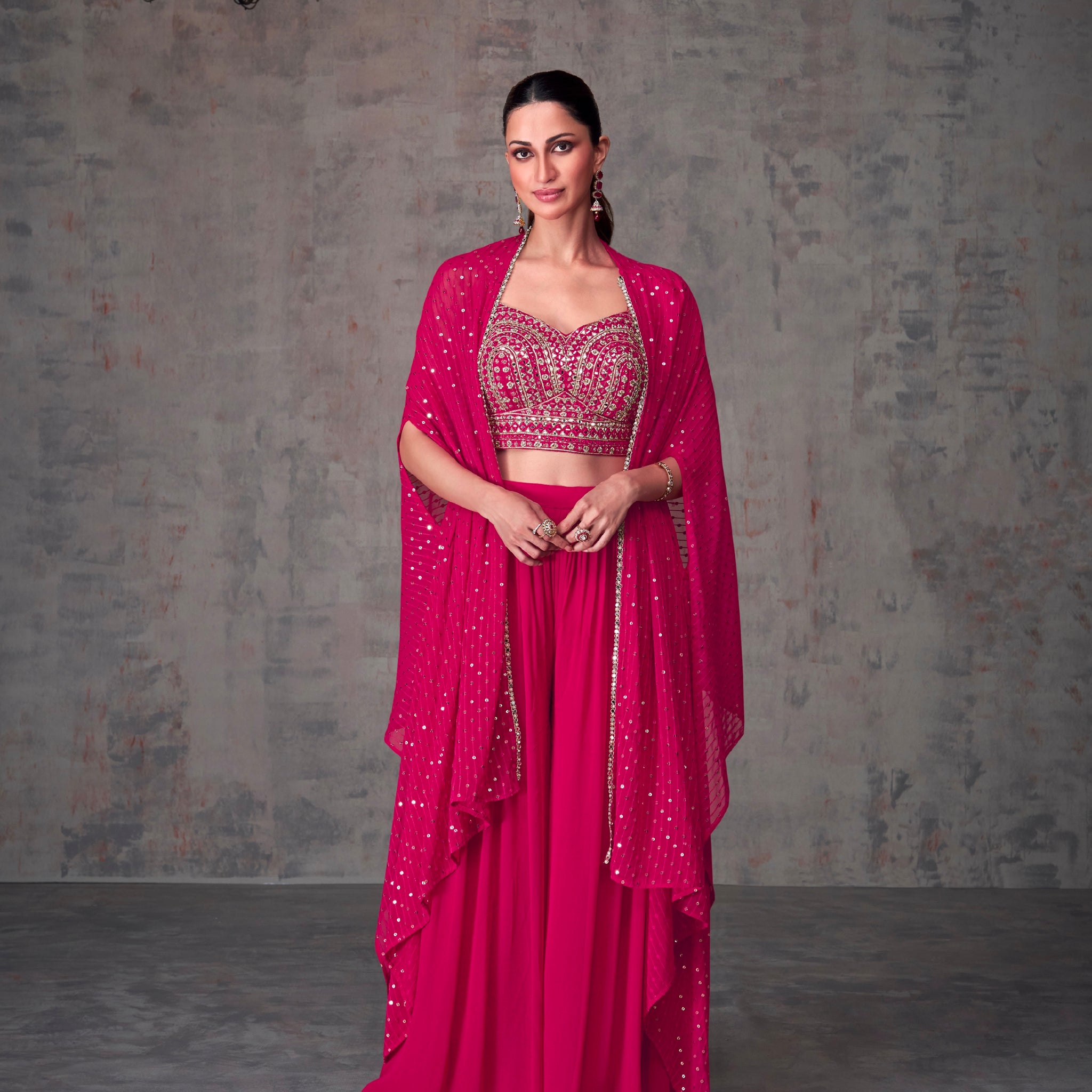 Fuchsia Georgette Palazzo Set with Embroidered Dupatta