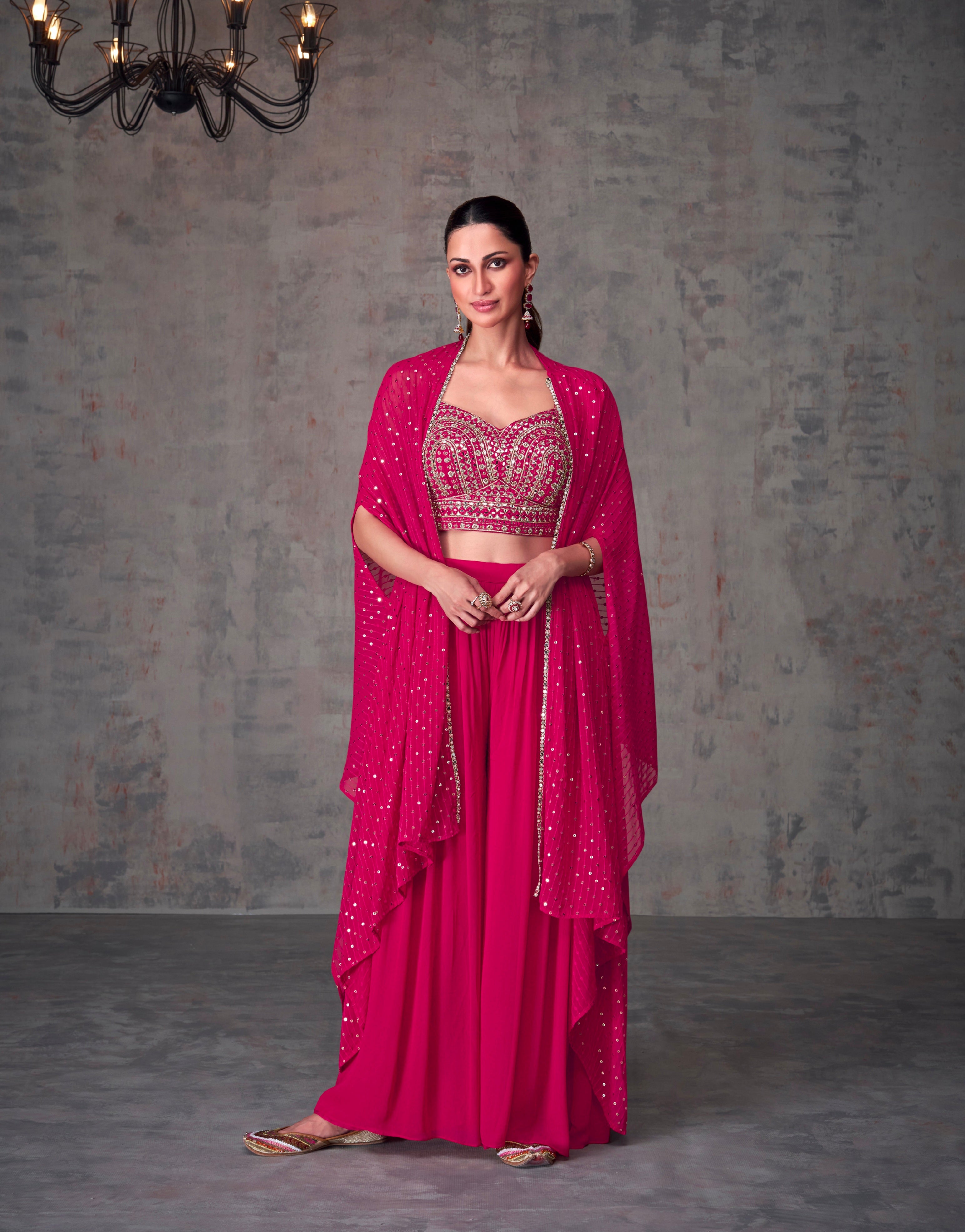 Fuchsia Georgette Palazzo Set with Embroidered Dupatta