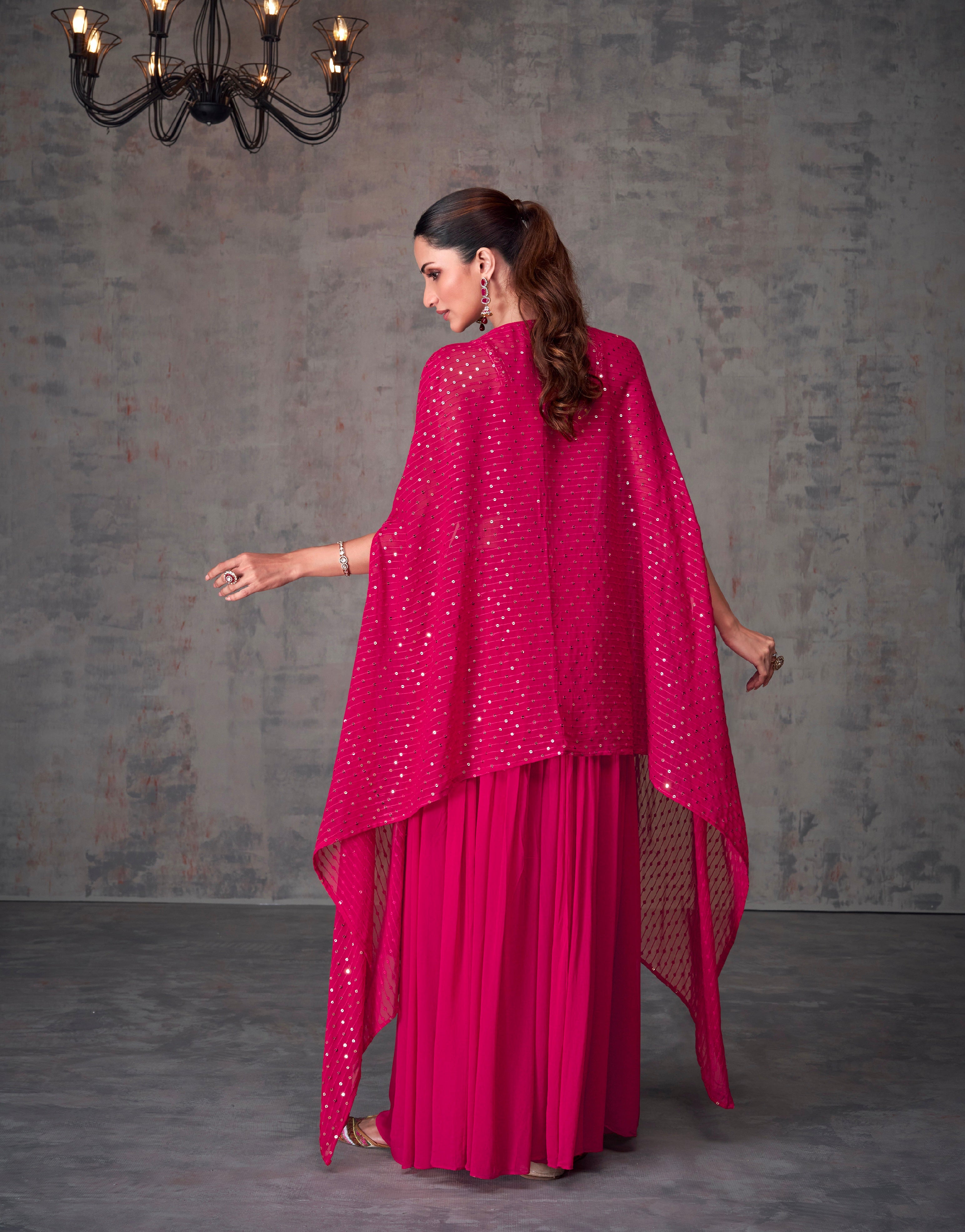 Fuchsia Georgette Palazzo Set with Embroidered Dupatta