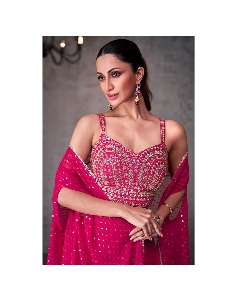 Fuchsia Georgette Palazzo Set with Embroidered Dupatta