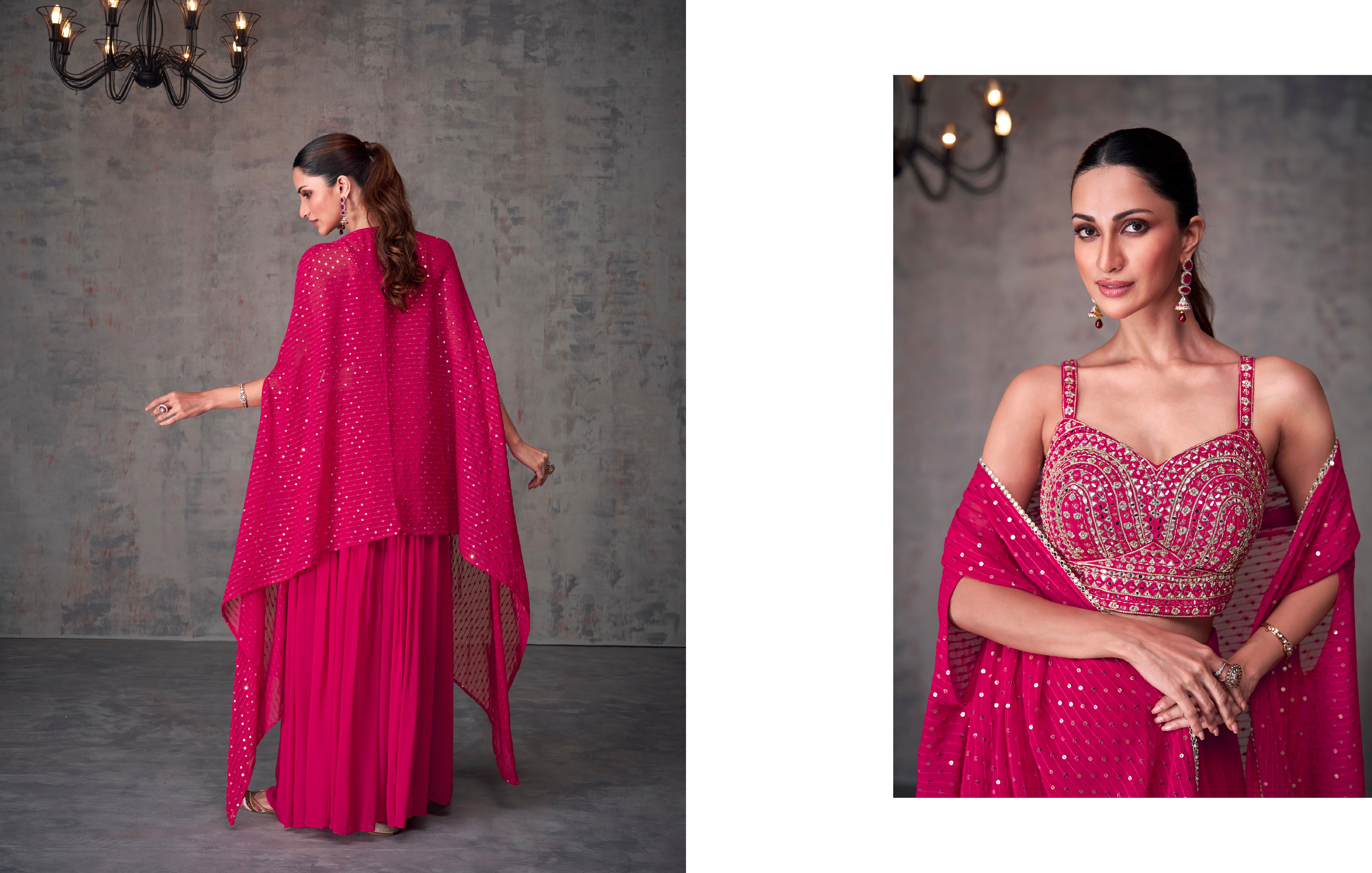 Fuchsia Georgette Palazzo Set with Embroidered Dupatta