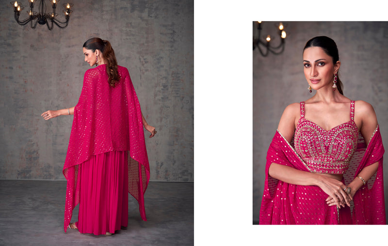 Fuchsia Georgette Palazzo Set with Embroidered Dupatta