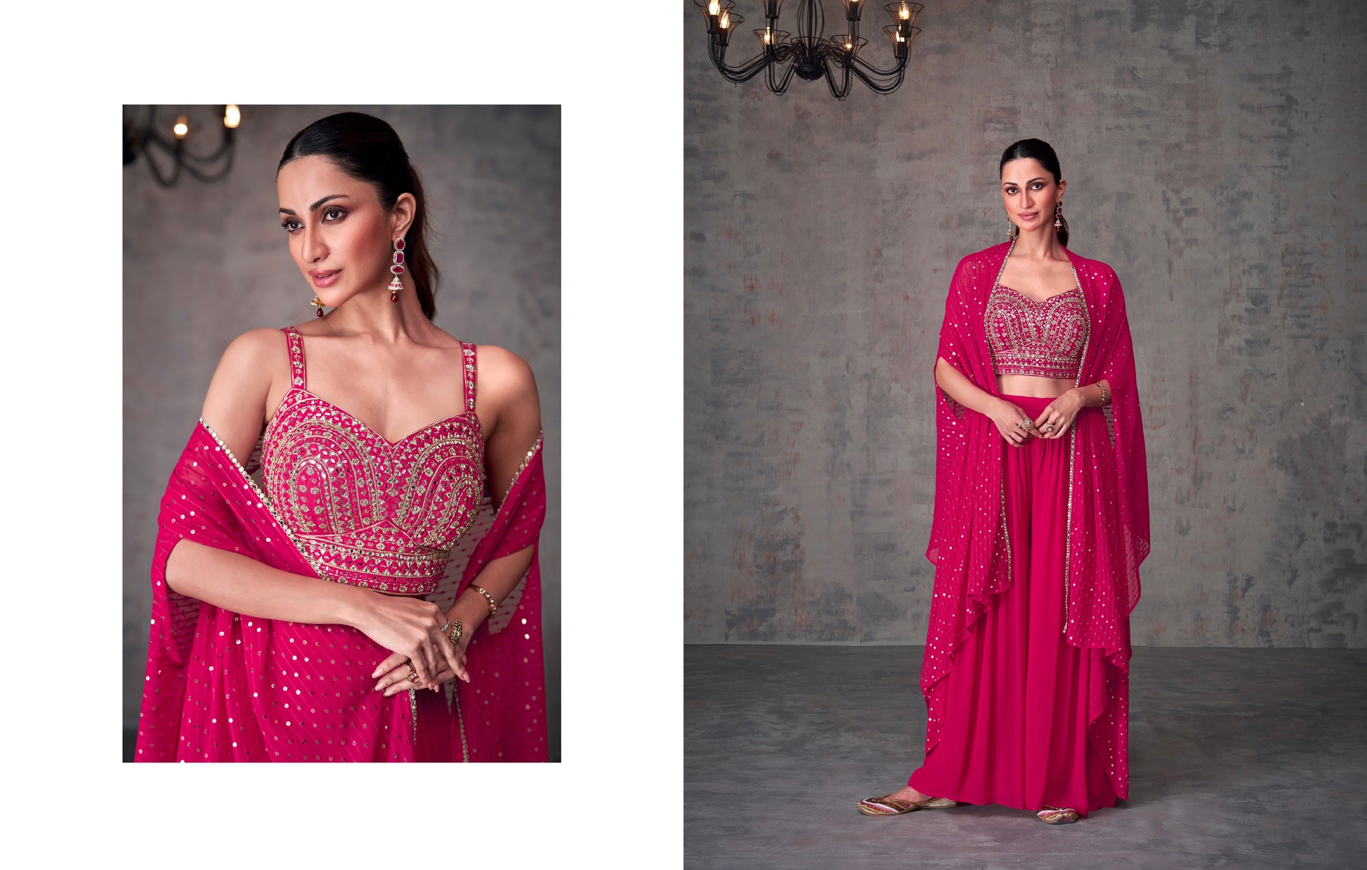 Fuchsia Georgette Palazzo Set with Embroidered Dupatta