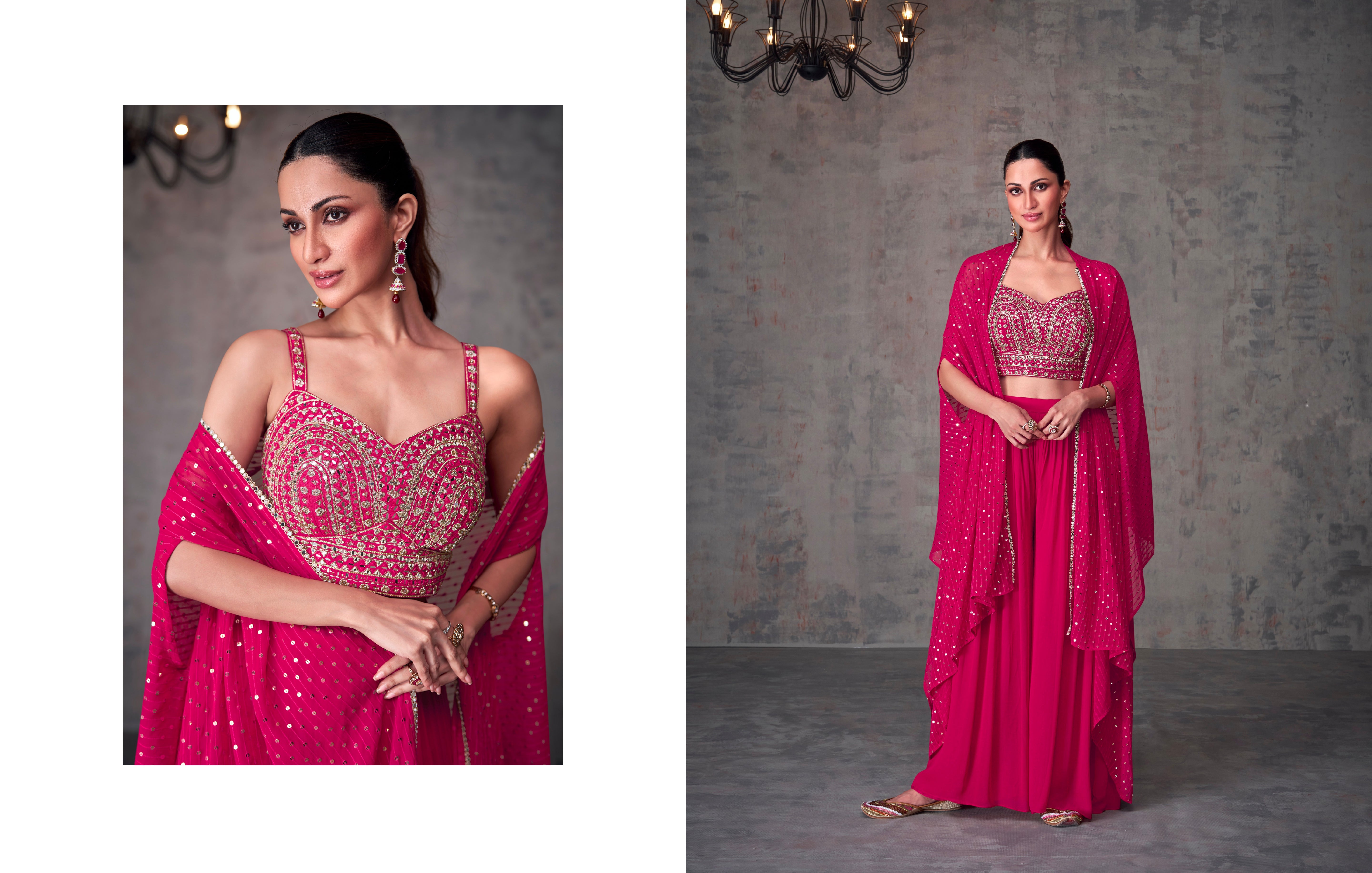 Fuchsia Georgette Palazzo Set with Embroidered Dupatta