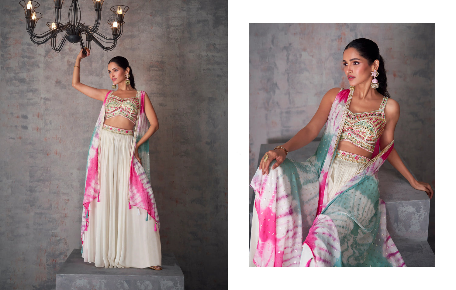 White and Pink Tie-Dye Georgette Palazzo Set