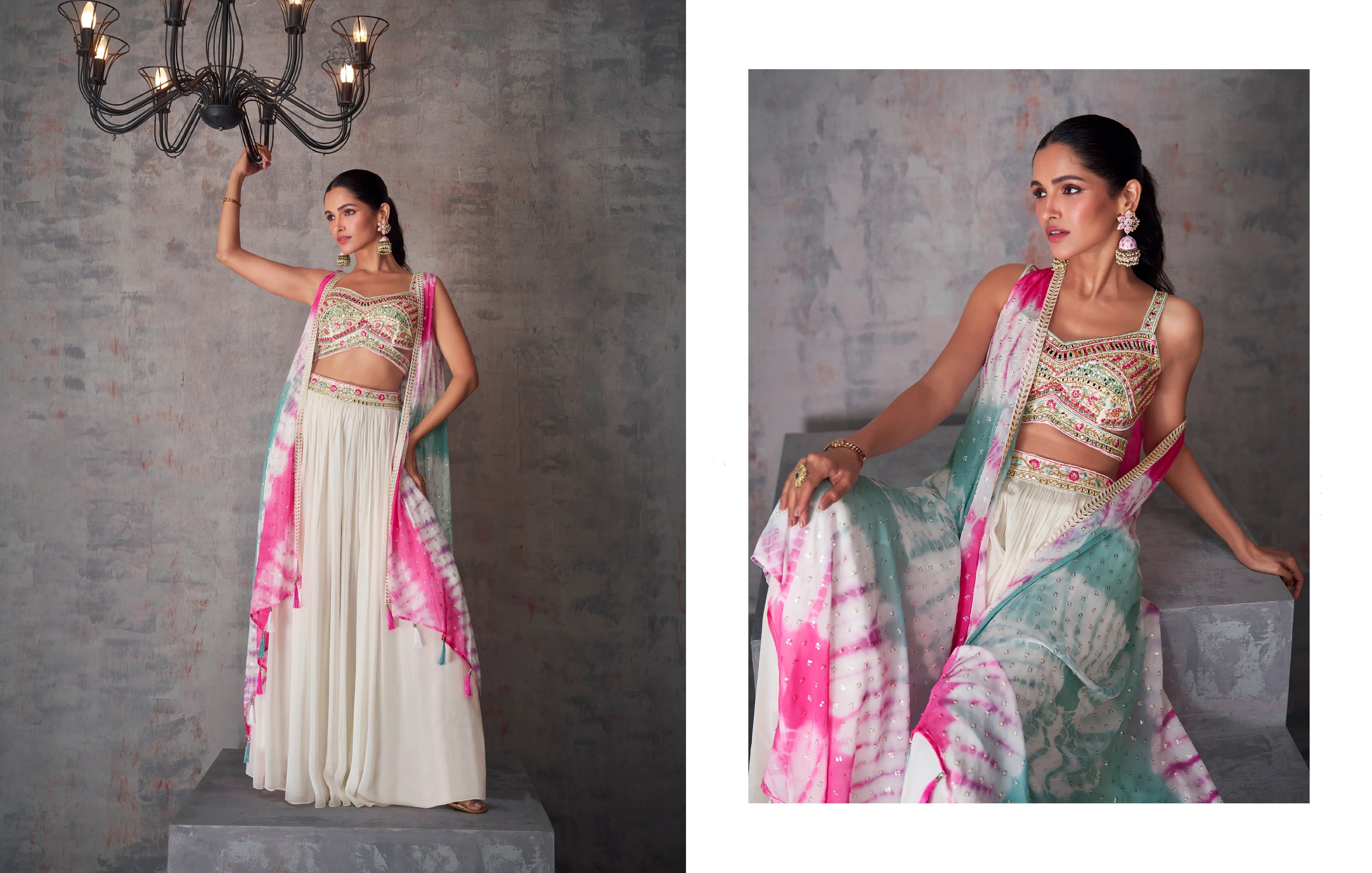 White and Pink Tie-Dye Georgette Palazzo Set