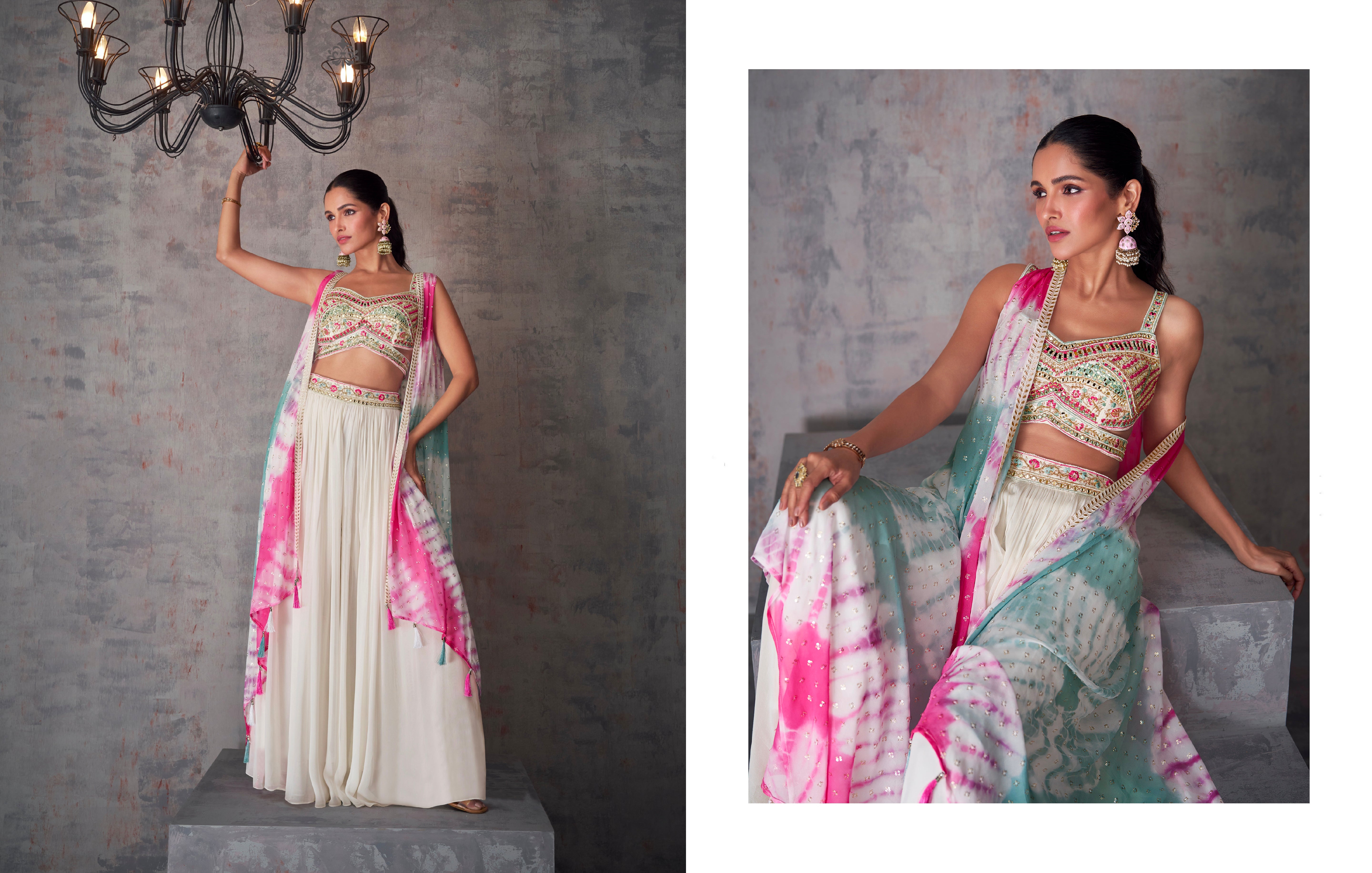 White and Pink Tie-Dye Georgette Palazzo Set