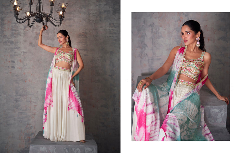 White and Pink Tie-Dye Georgette Palazzo Set