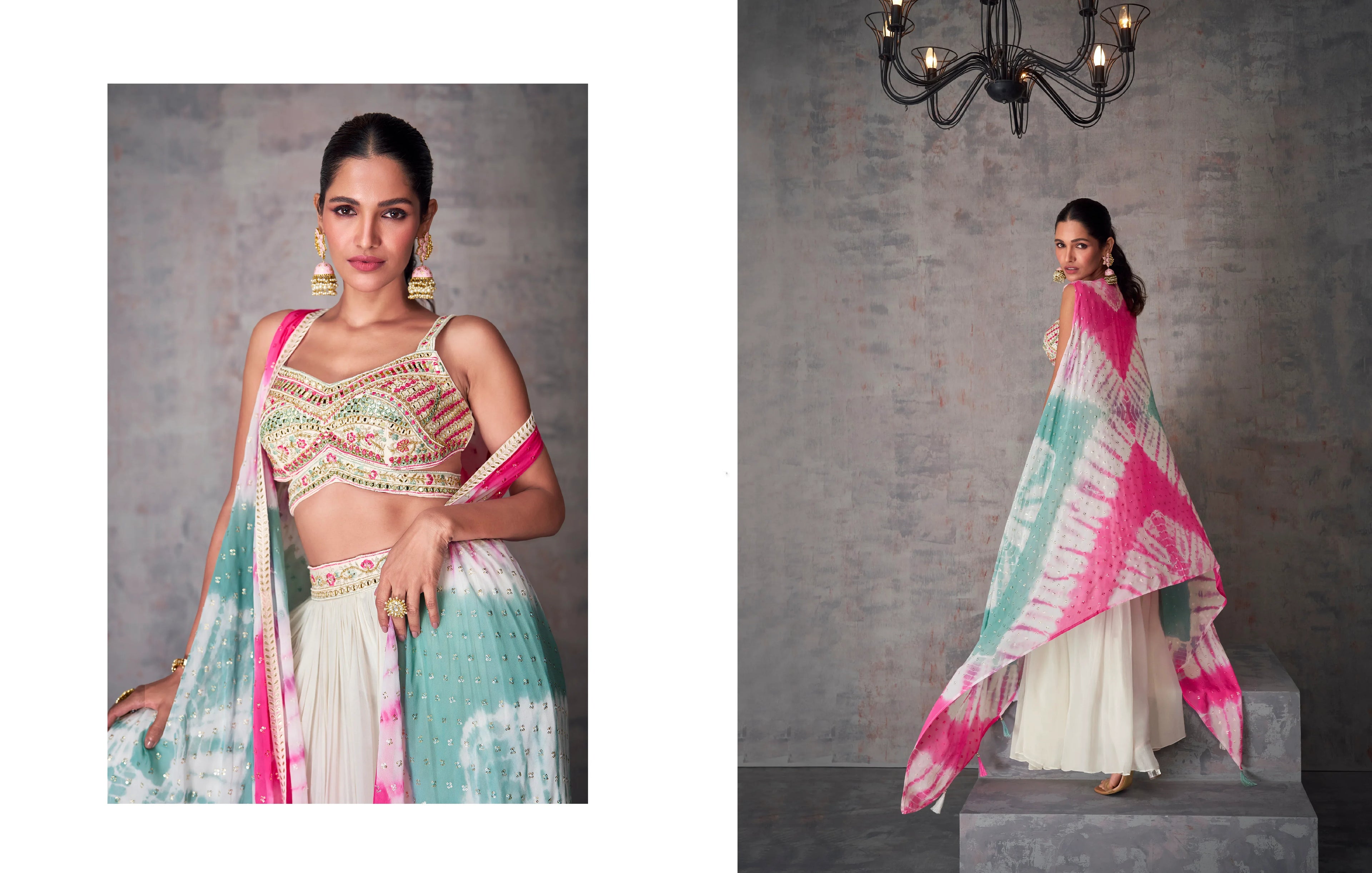 White and Pink Tie-Dye Georgette Palazzo Set