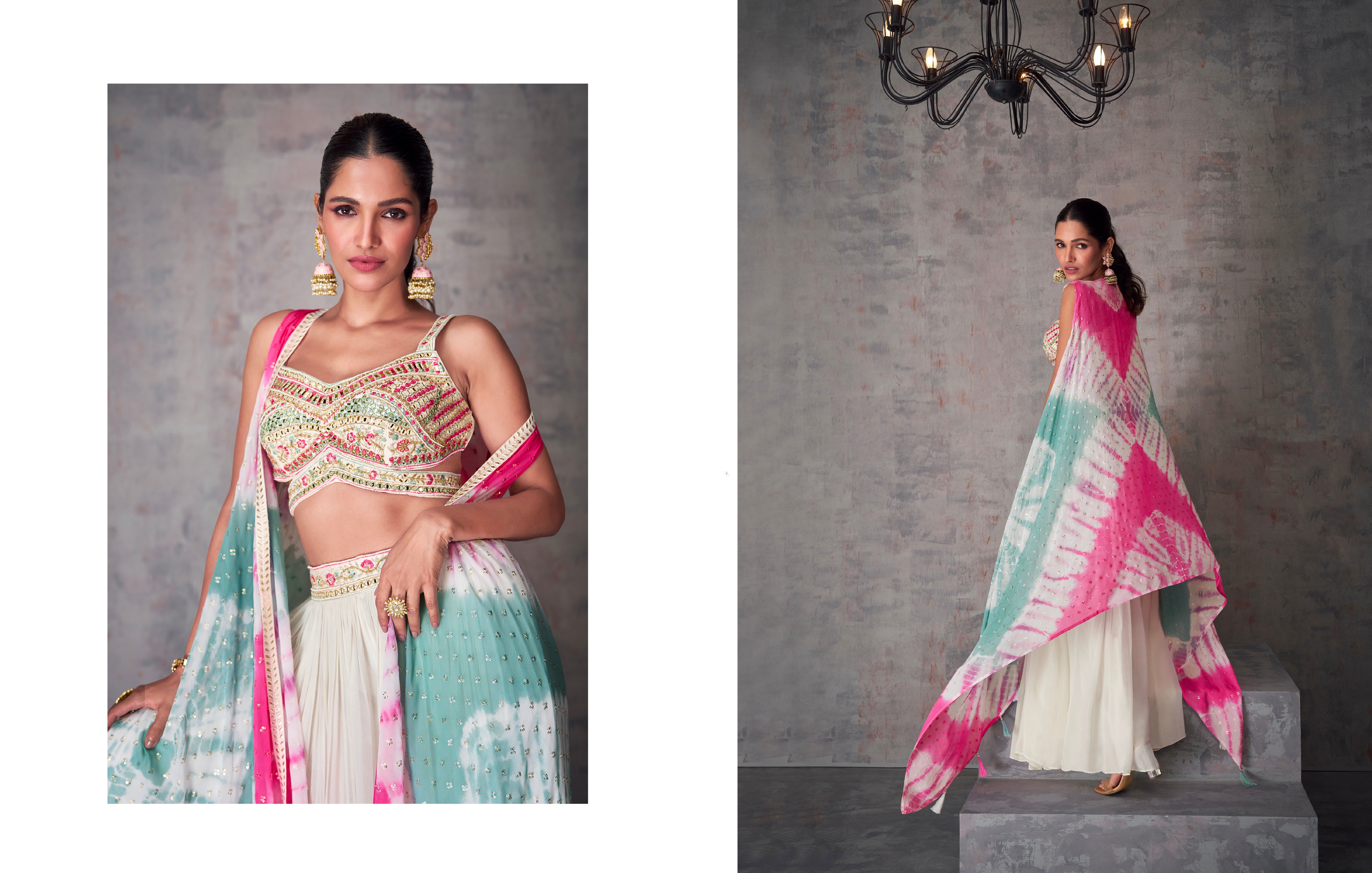 White and Pink Tie-Dye Georgette Palazzo Set