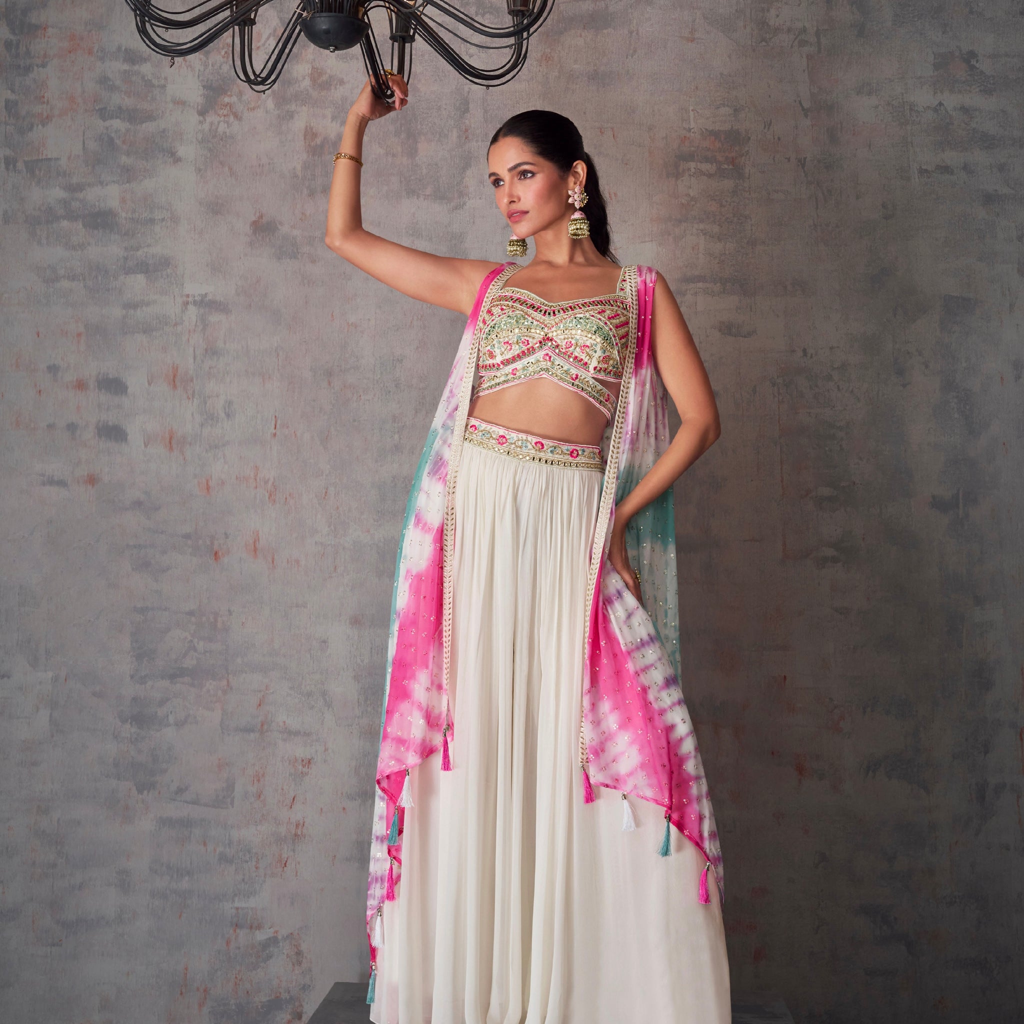 White and Pink Tie-Dye Georgette Palazzo Set
