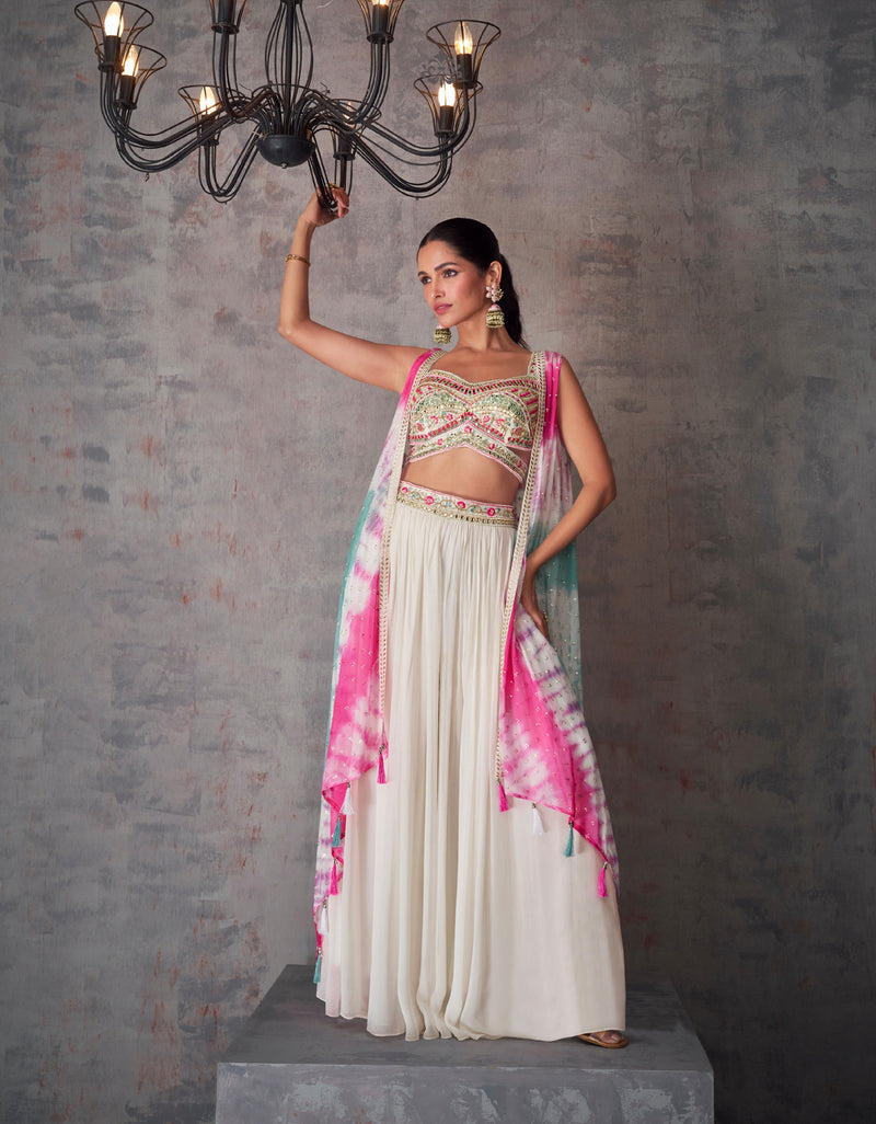 White and Pink Tie-Dye Georgette Palazzo Set