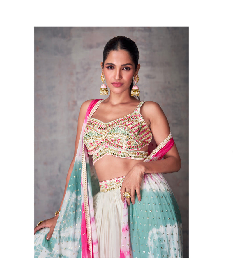 White and Pink Tie-Dye Georgette Palazzo Set