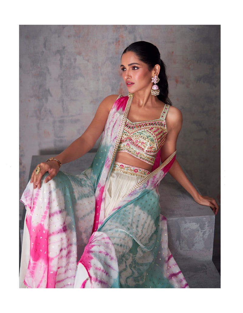 White and Pink Tie-Dye Georgette Palazzo Set