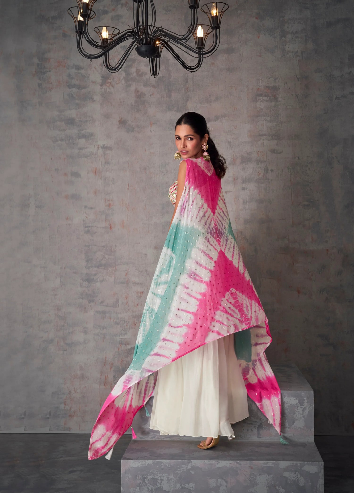 White and Pink Tie-Dye Georgette Palazzo Set