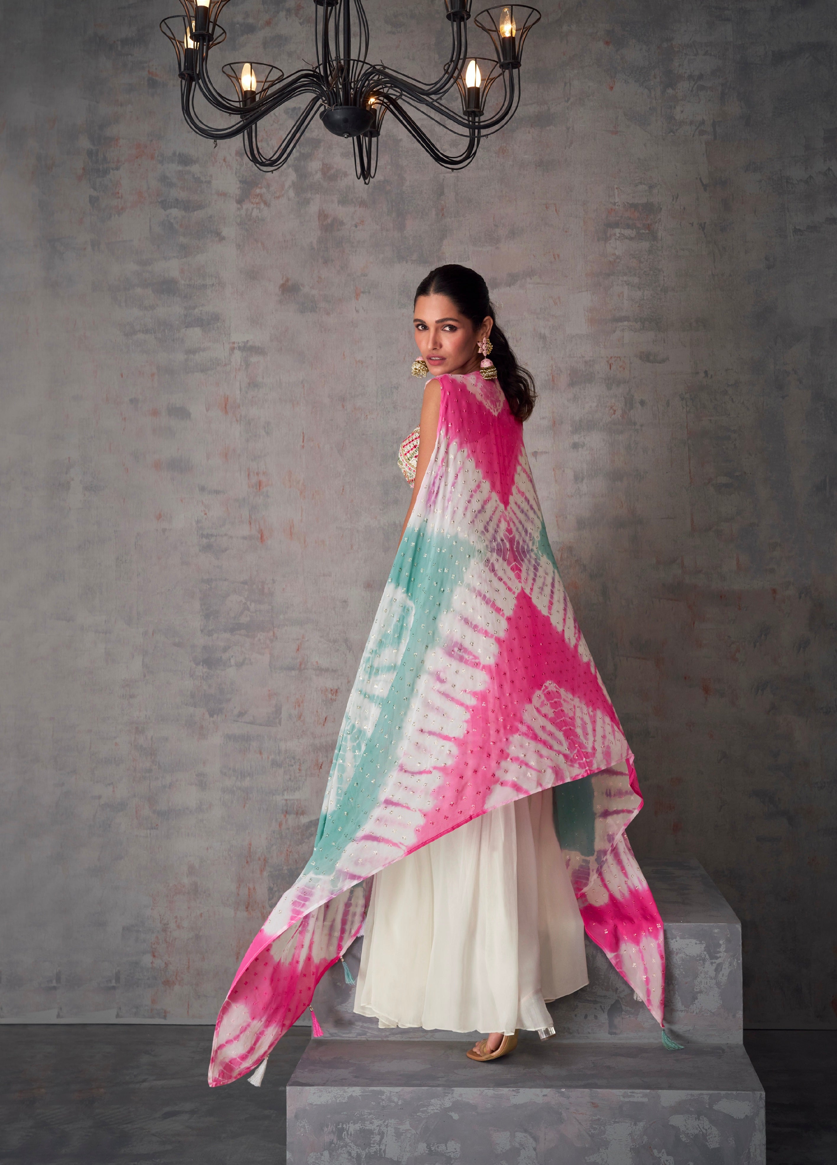 White and Pink Tie-Dye Georgette Palazzo Set