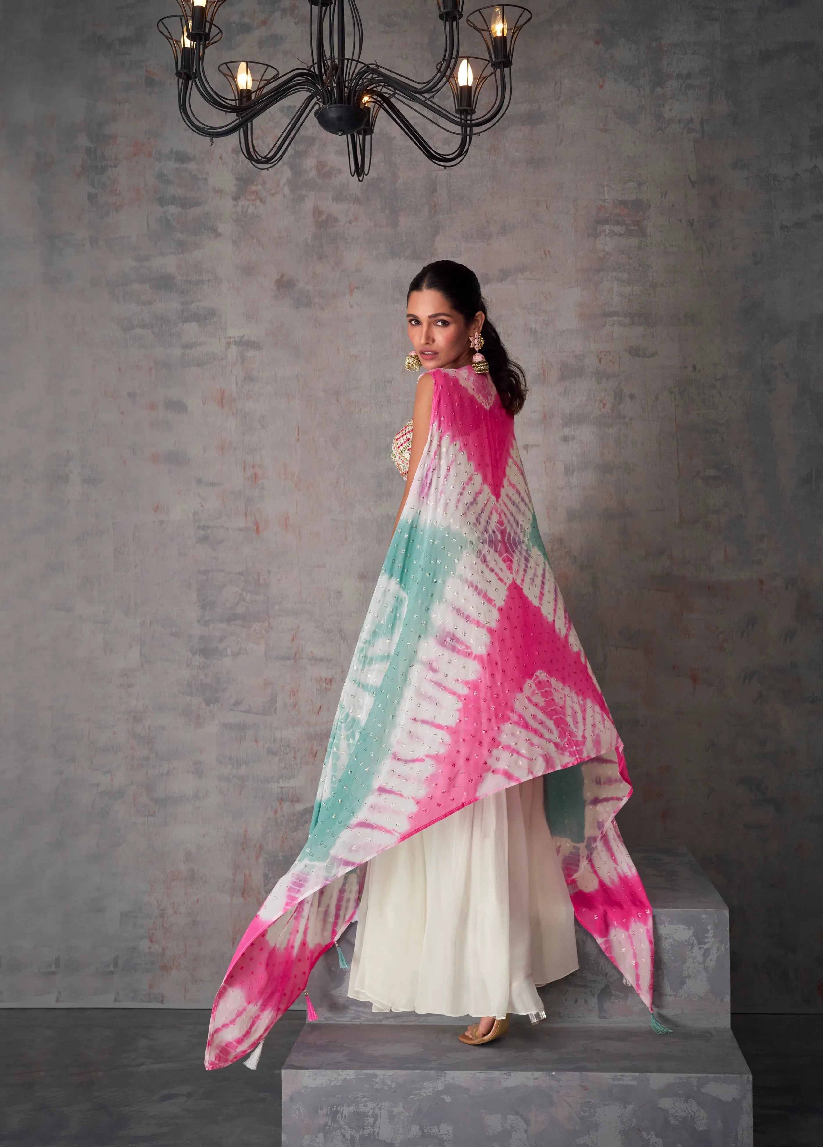 White and Pink Tie-Dye Georgette Palazzo Set