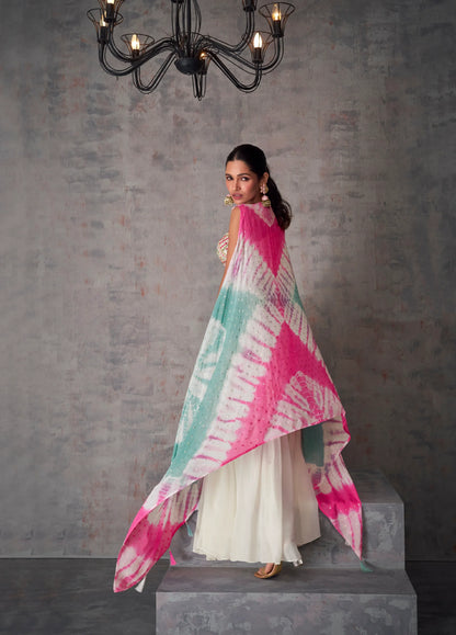 White and Pink Tie-Dye Georgette Palazzo Set