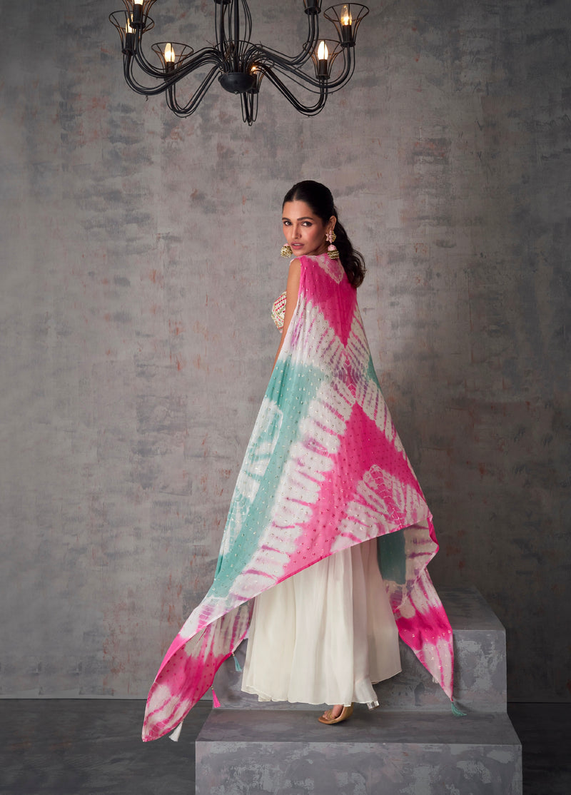 White and Pink Tie-Dye Georgette Palazzo Set