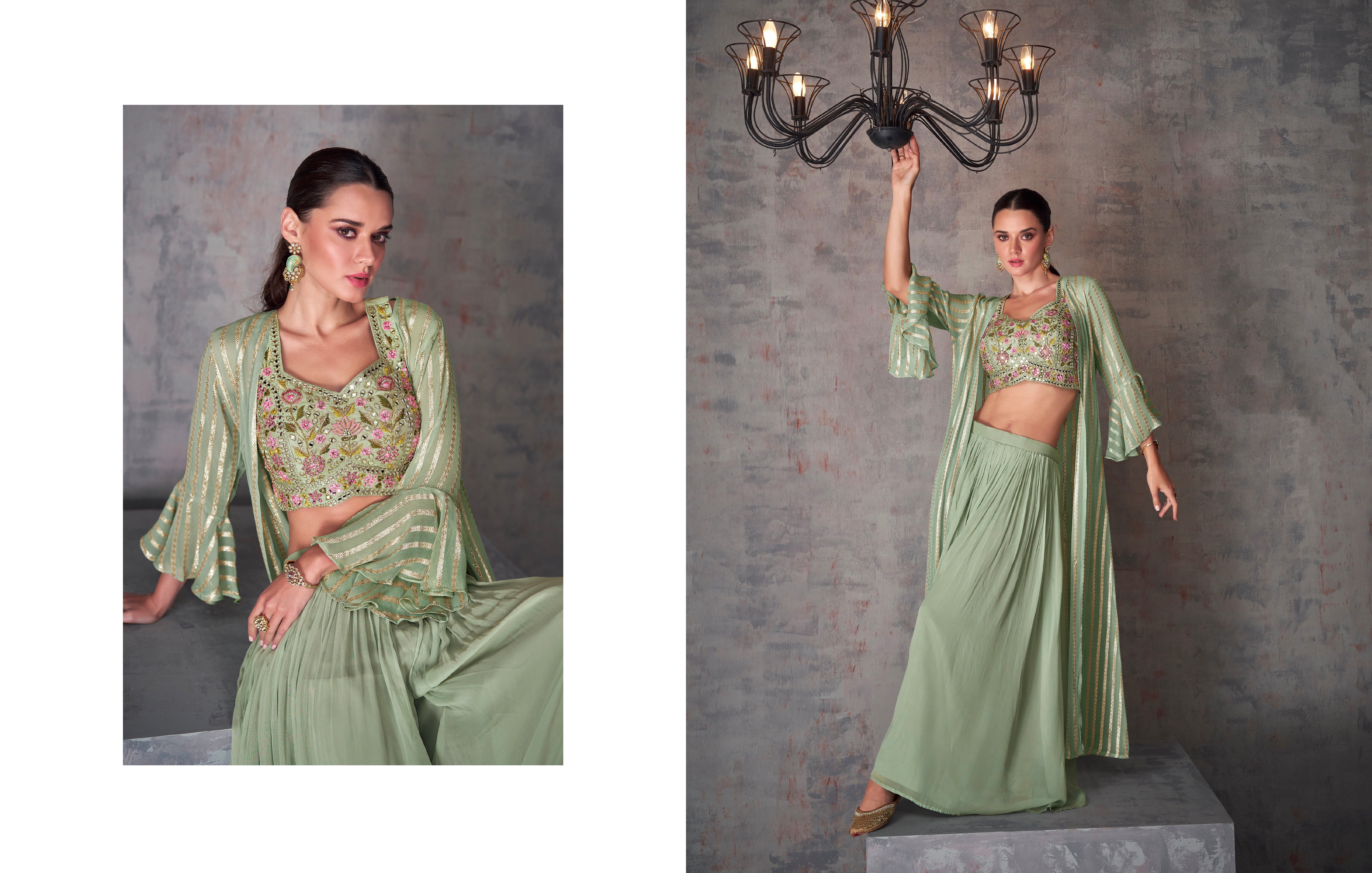 Light Green Georgette Palazzo Set with Embroidery