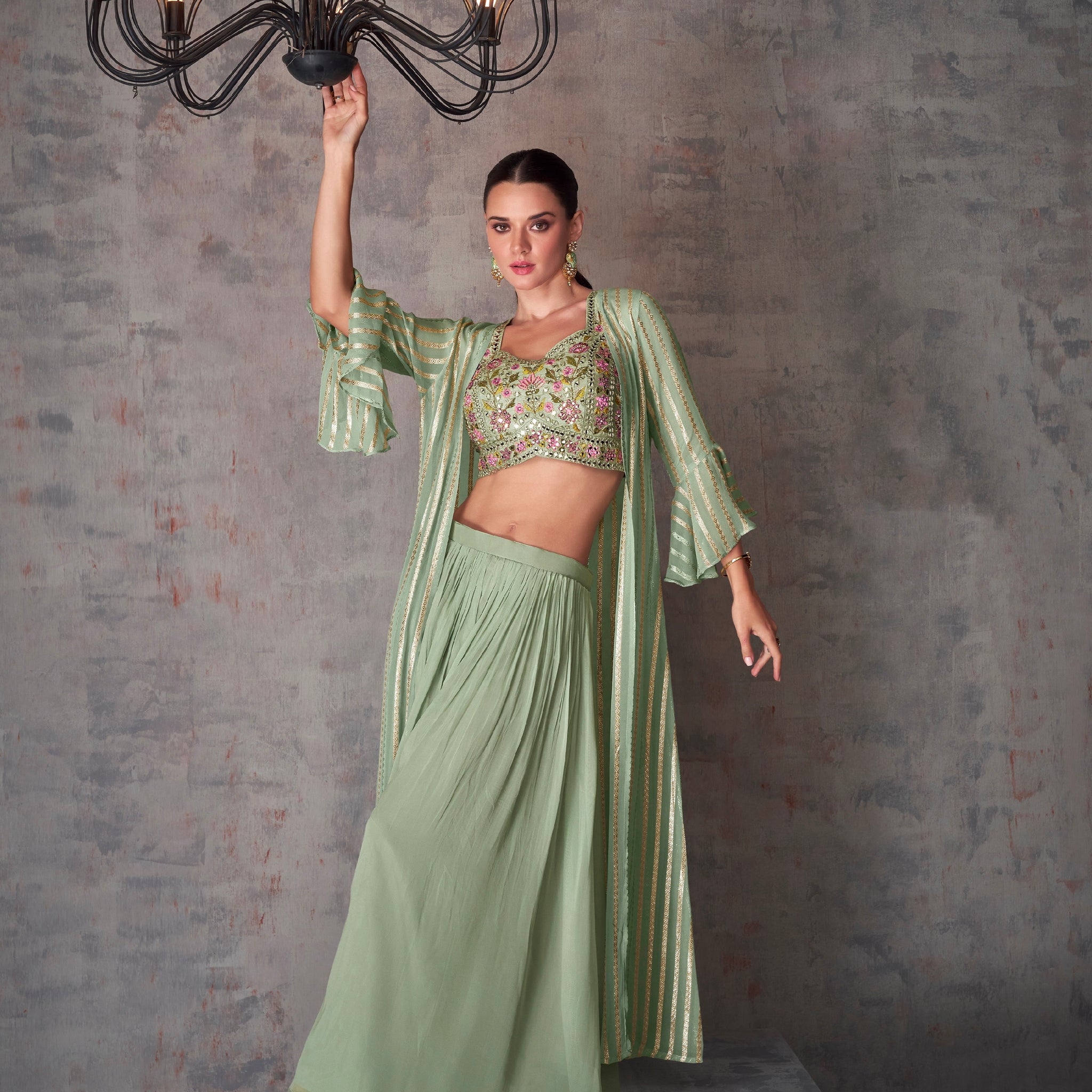 Light Green Georgette Palazzo Set with Embroidery