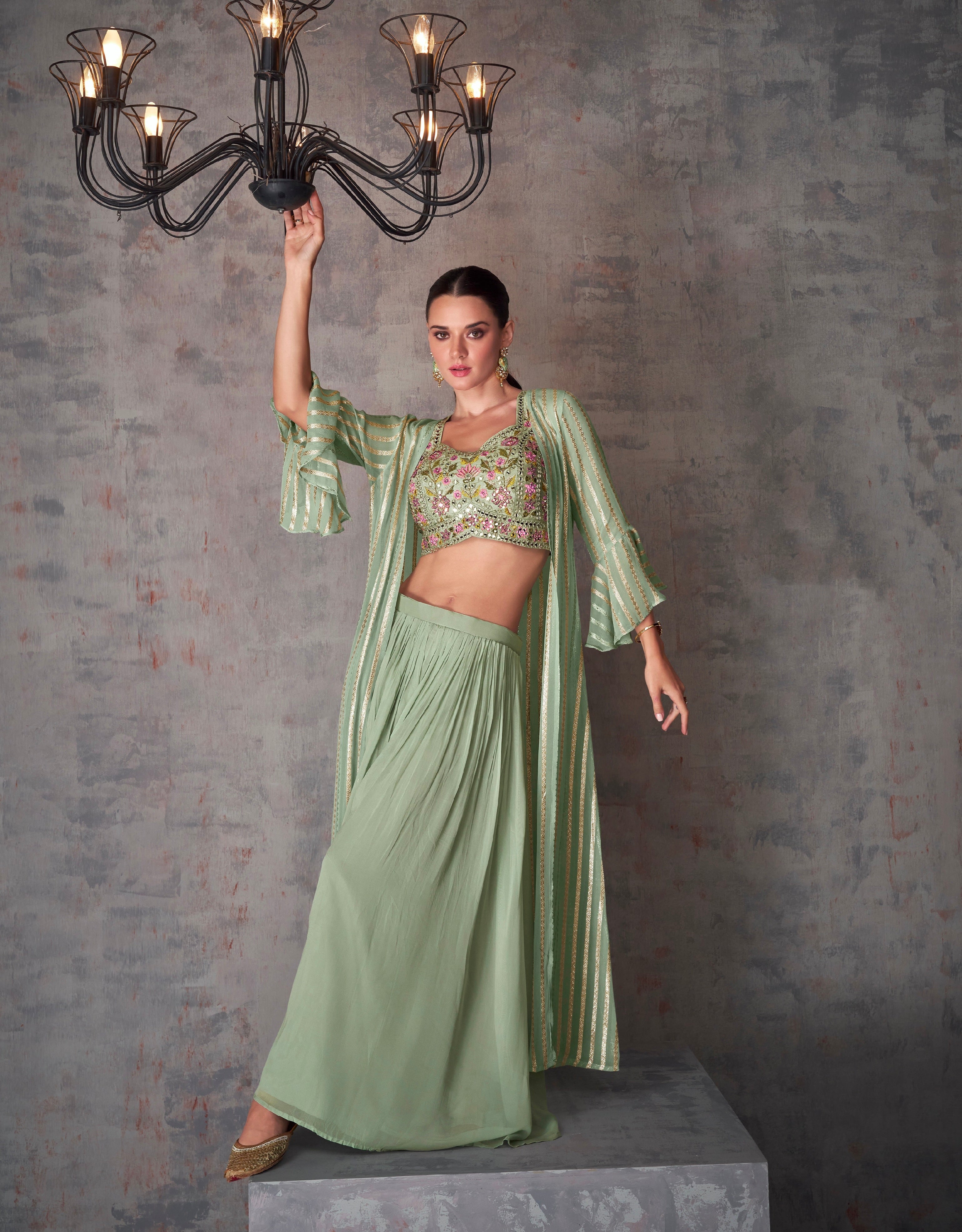 Light Green Georgette Palazzo Set with Embroidery