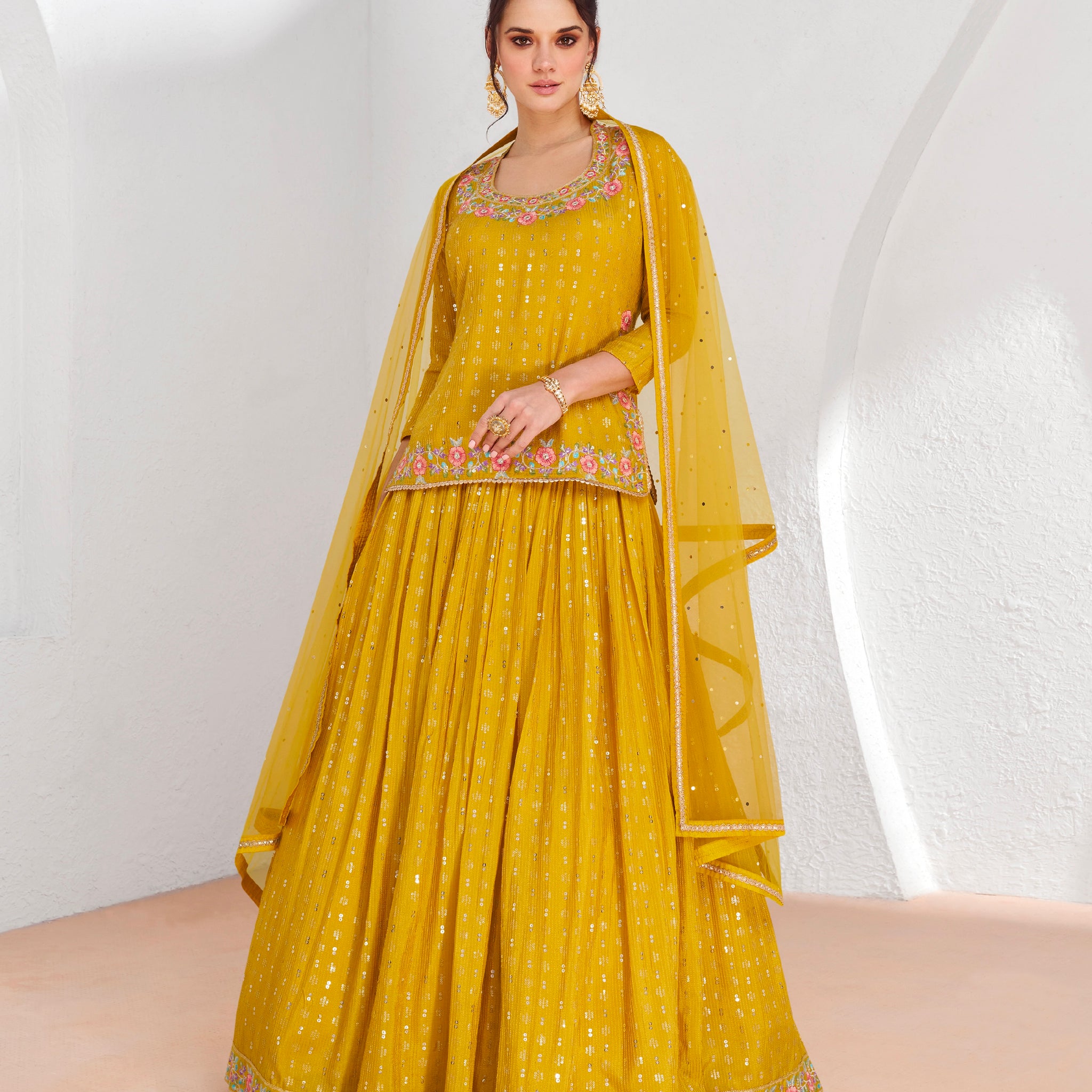 Yellow Georgette Sharara Suit with Premium Net Dupatta