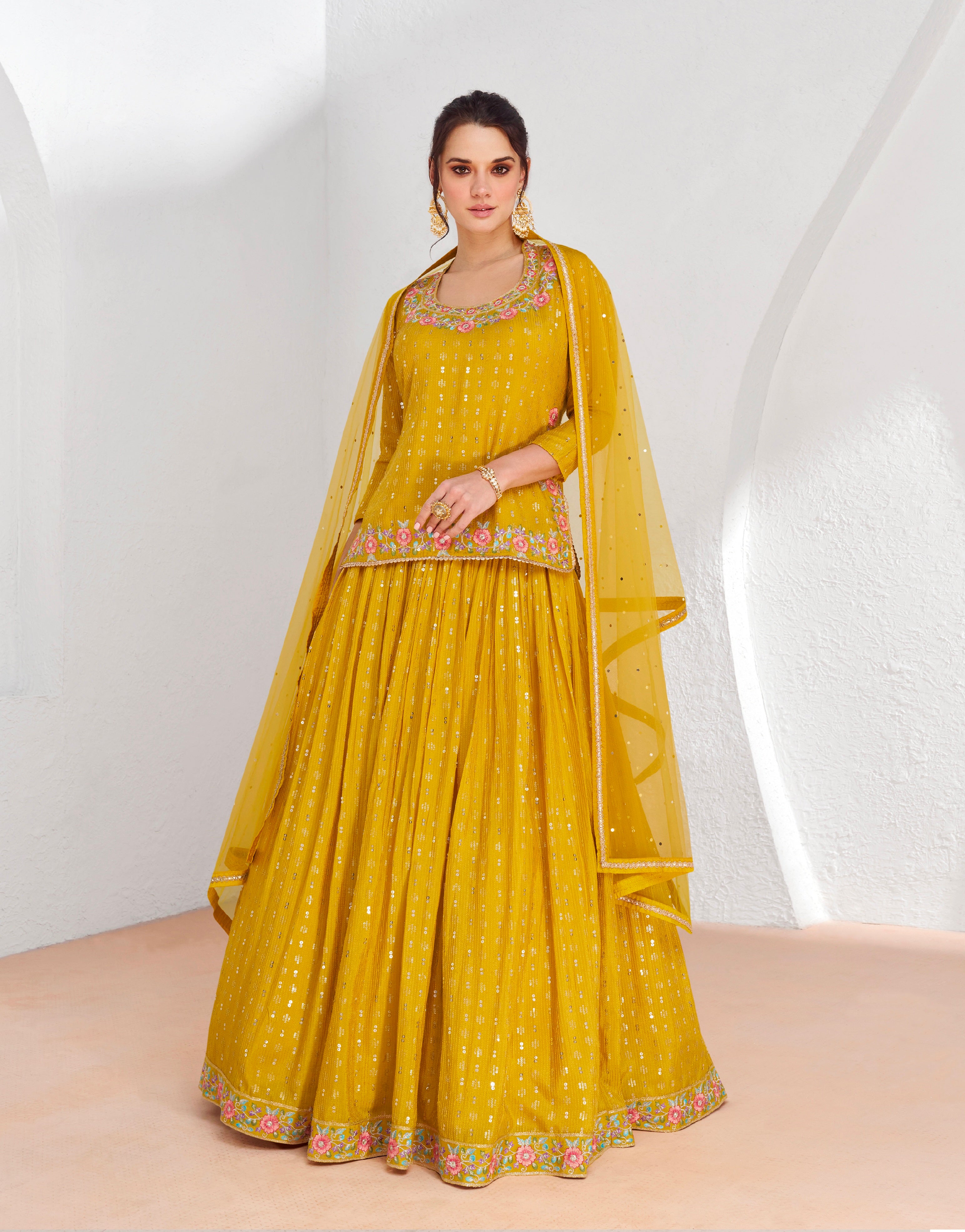 Yellow Georgette Sharara Suit with Premium Net Dupatta