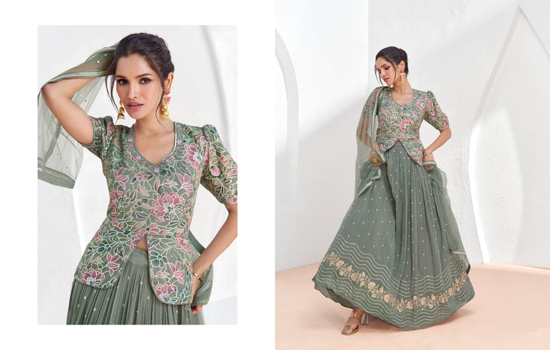 Pastel Green Georgette Lehenga Choli with Embroidered Dupatta