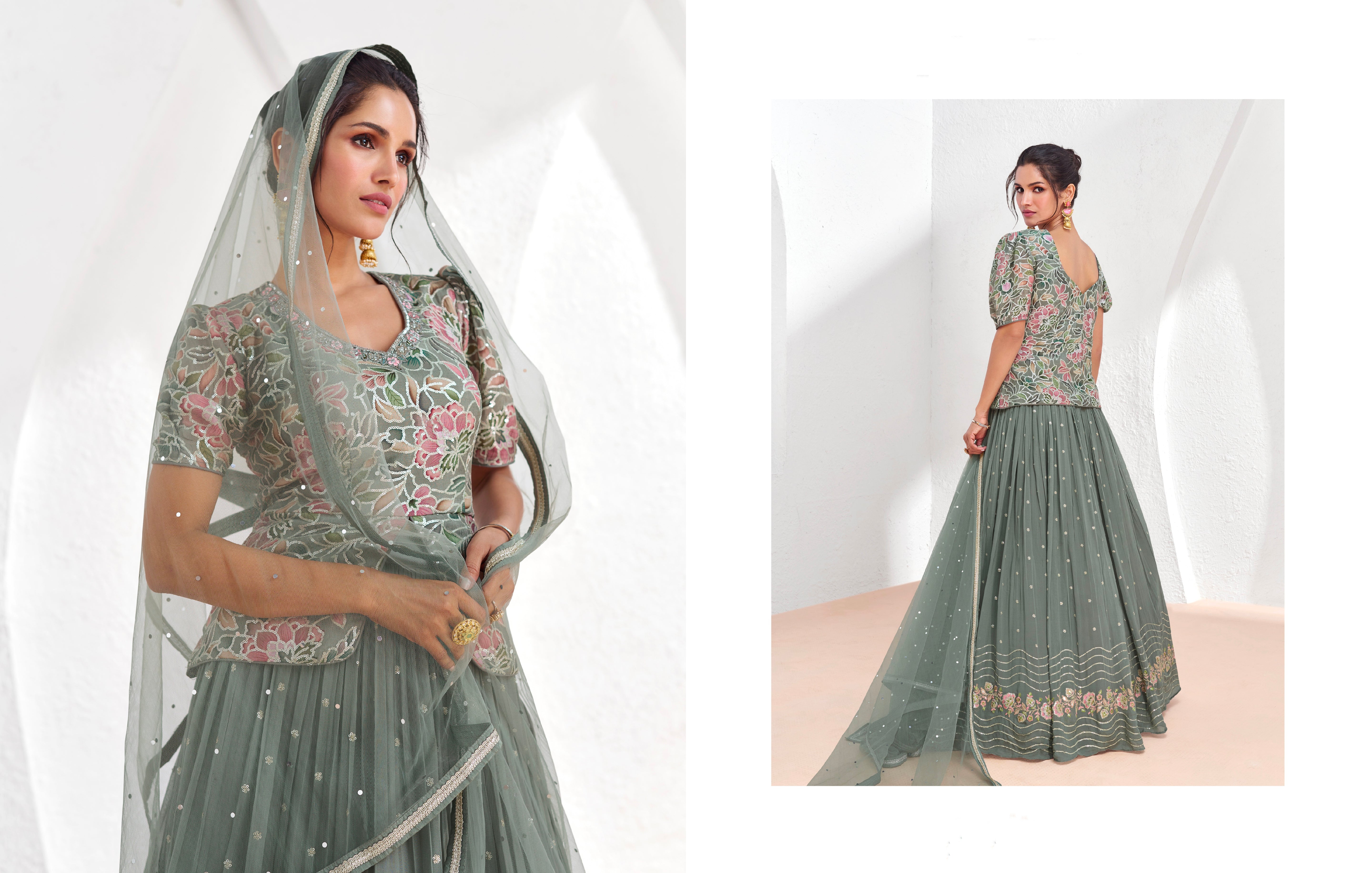 Pastel Green Georgette Lehenga Choli with Embroidered Dupatta