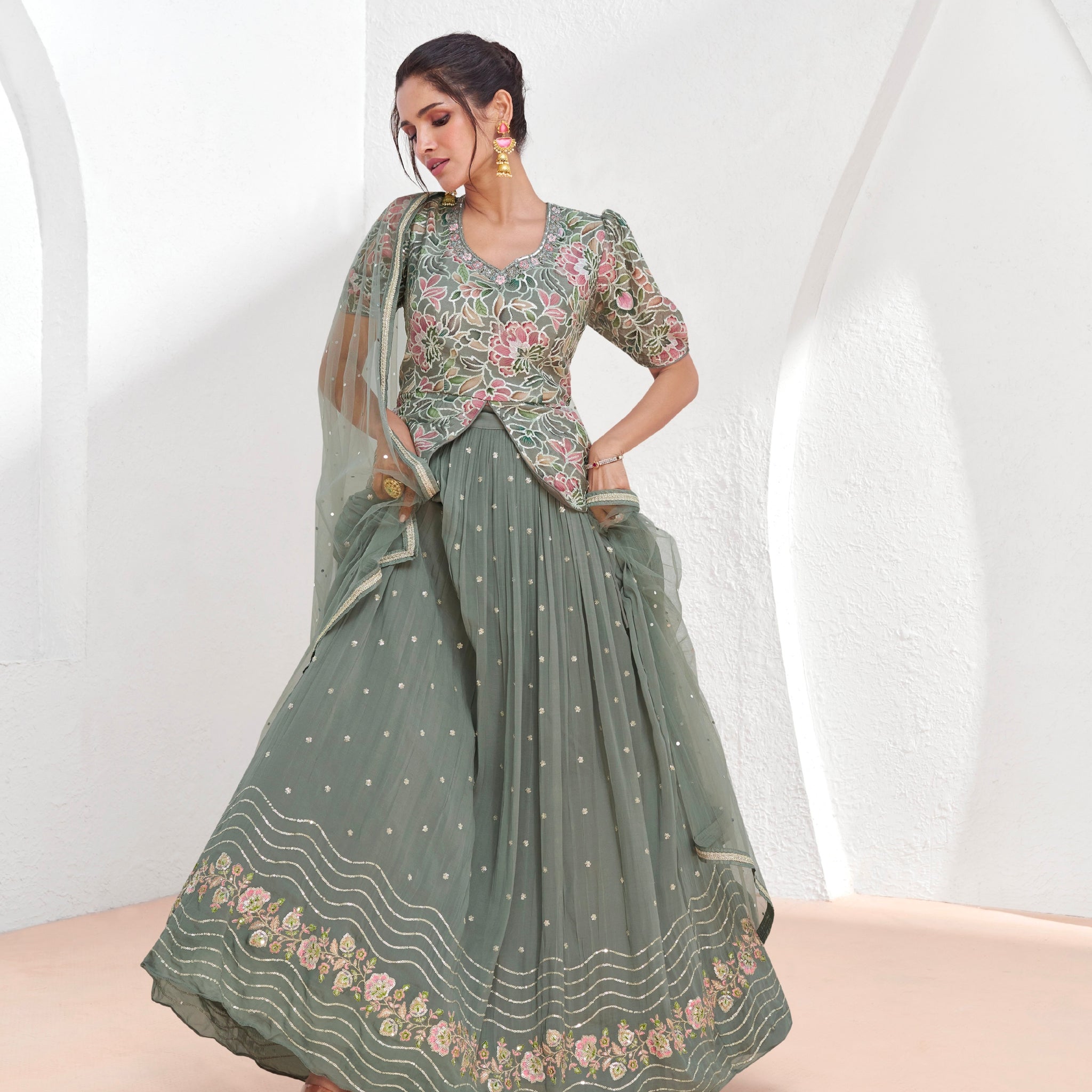 Pastel Green Georgette Lehenga Choli with Embroidered Dupatta