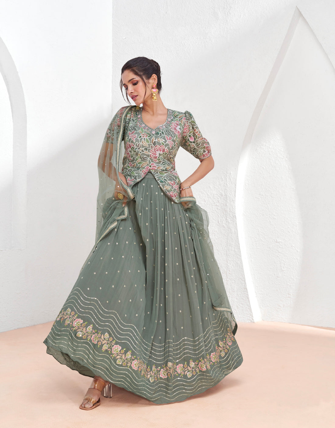 Pastel Green Georgette Lehenga Choli with Embroidered Dupatta