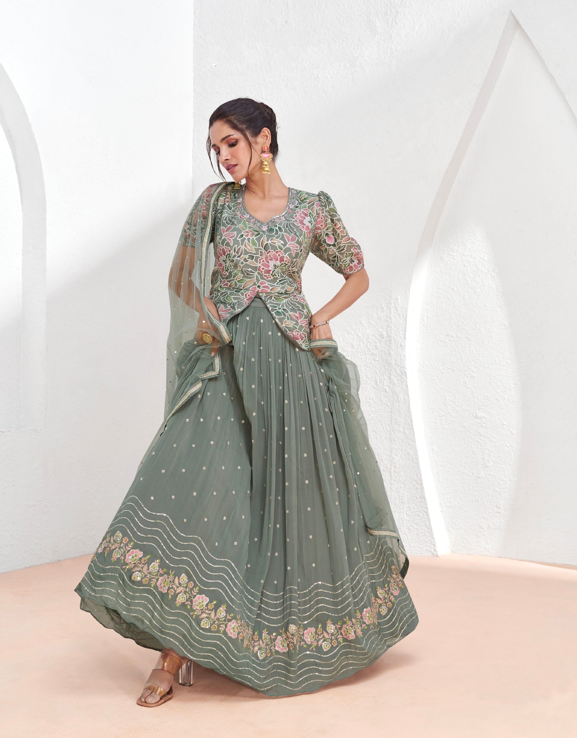Pastel Green Georgette Lehenga Choli with Embroidered Dupatta