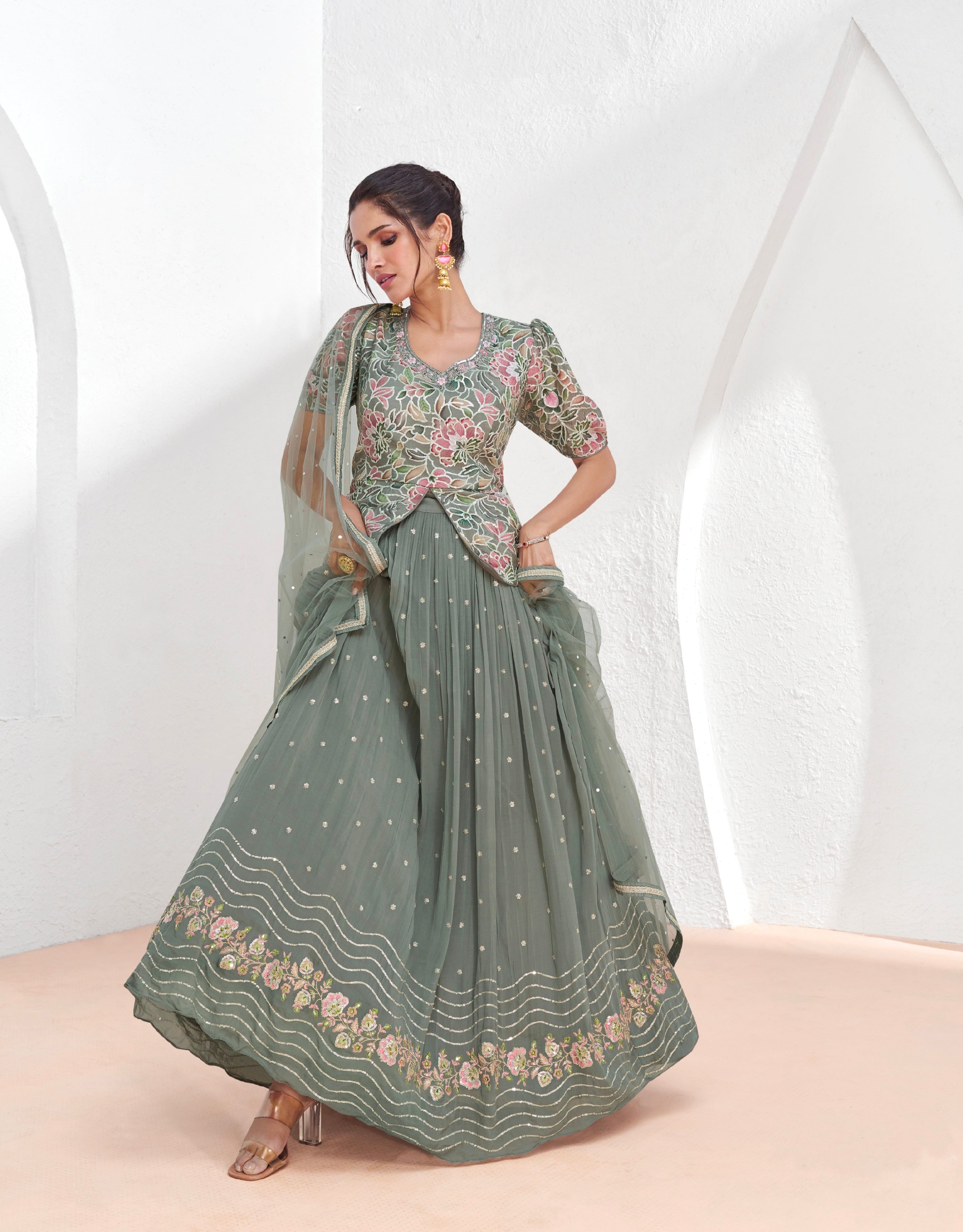 Pastel Green Georgette Lehenga Choli with Embroidered Dupatta