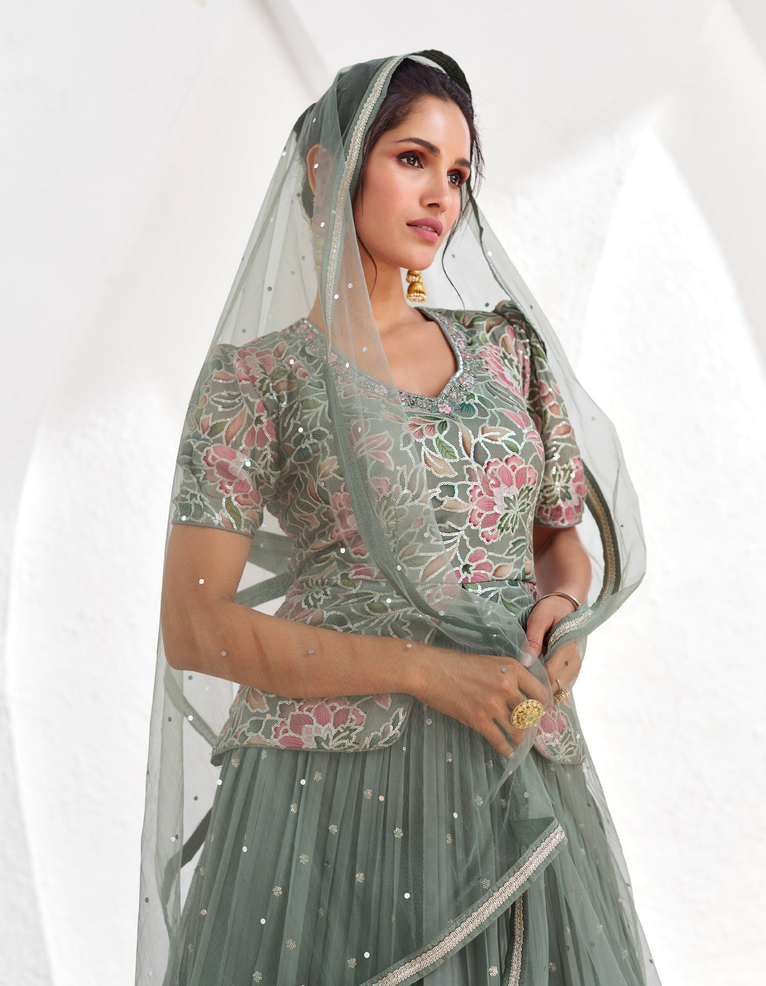 Pastel Green Georgette Lehenga Choli with Embroidered Dupatta