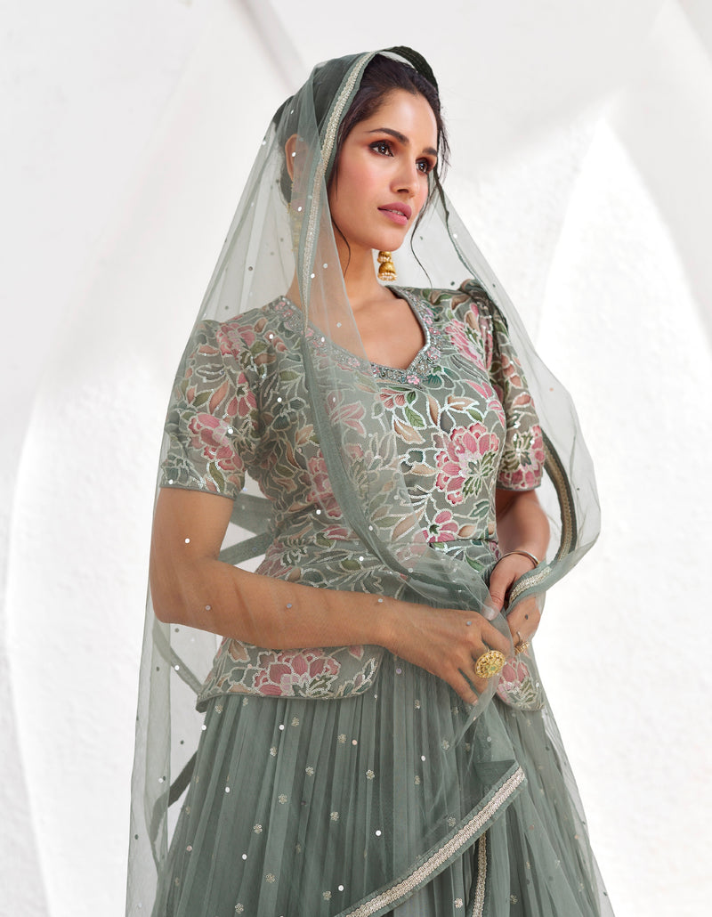 Pastel Green Georgette Lehenga Choli with Embroidered Dupatta