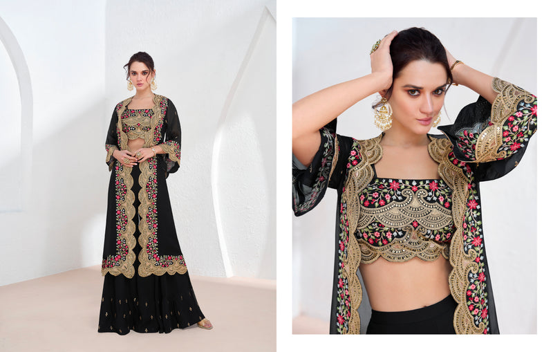 Black Georgette Sharara Suit with Embroidered Net Dupatta