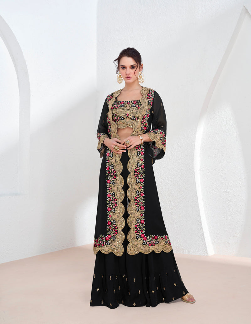 Black Georgette Sharara Suit with Embroidered Net Dupatta