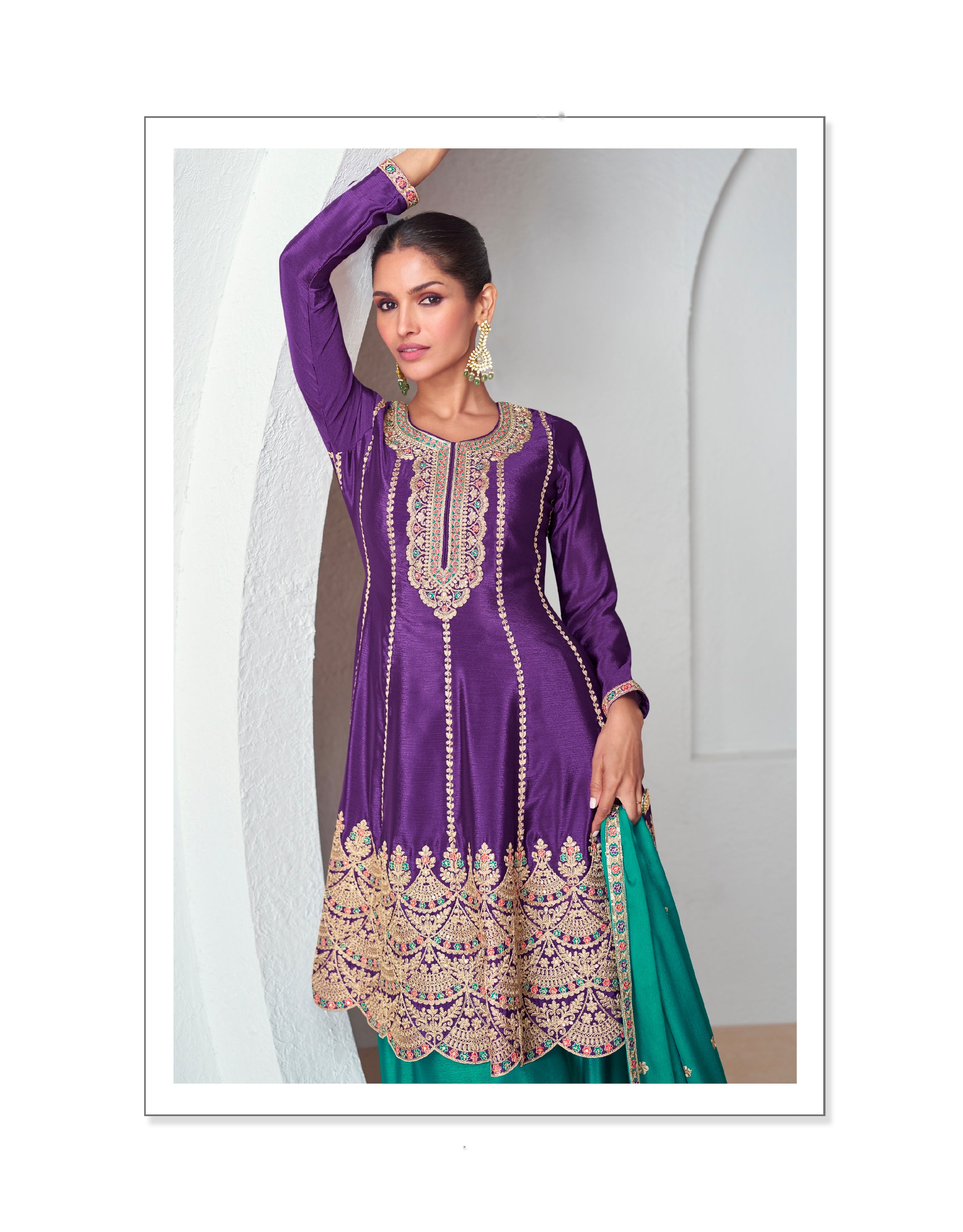 Purple and Teal Chinnon Silk Palazzo Suit with Embroidered Dupatta