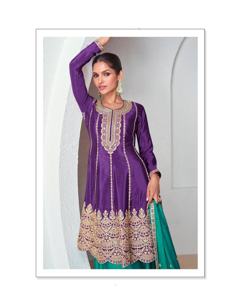 Purple and Teal Chinnon Silk Palazzo Suit with Embroidered Dupatta