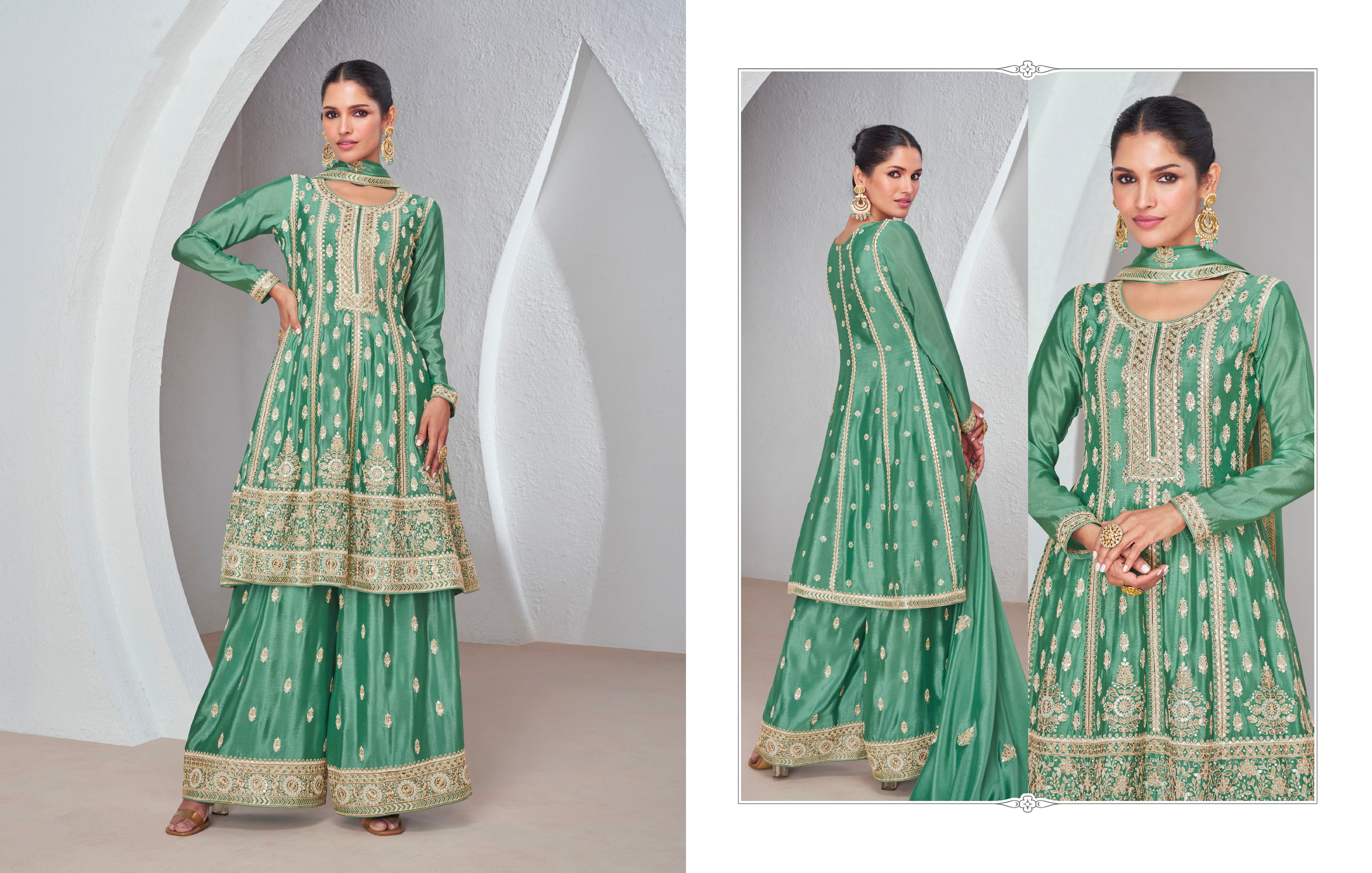 Green Chinnon Silk Palazzo Suit with Embroidered Dupatta